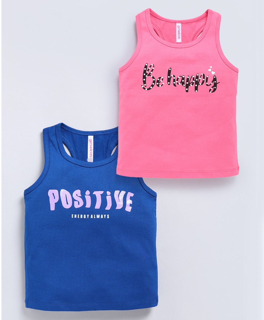 giniekids Cotton Knit Pack Of 2 Sleeveless Be Happy & Positive Text Printed Tops - Pink & Blue-picture-44