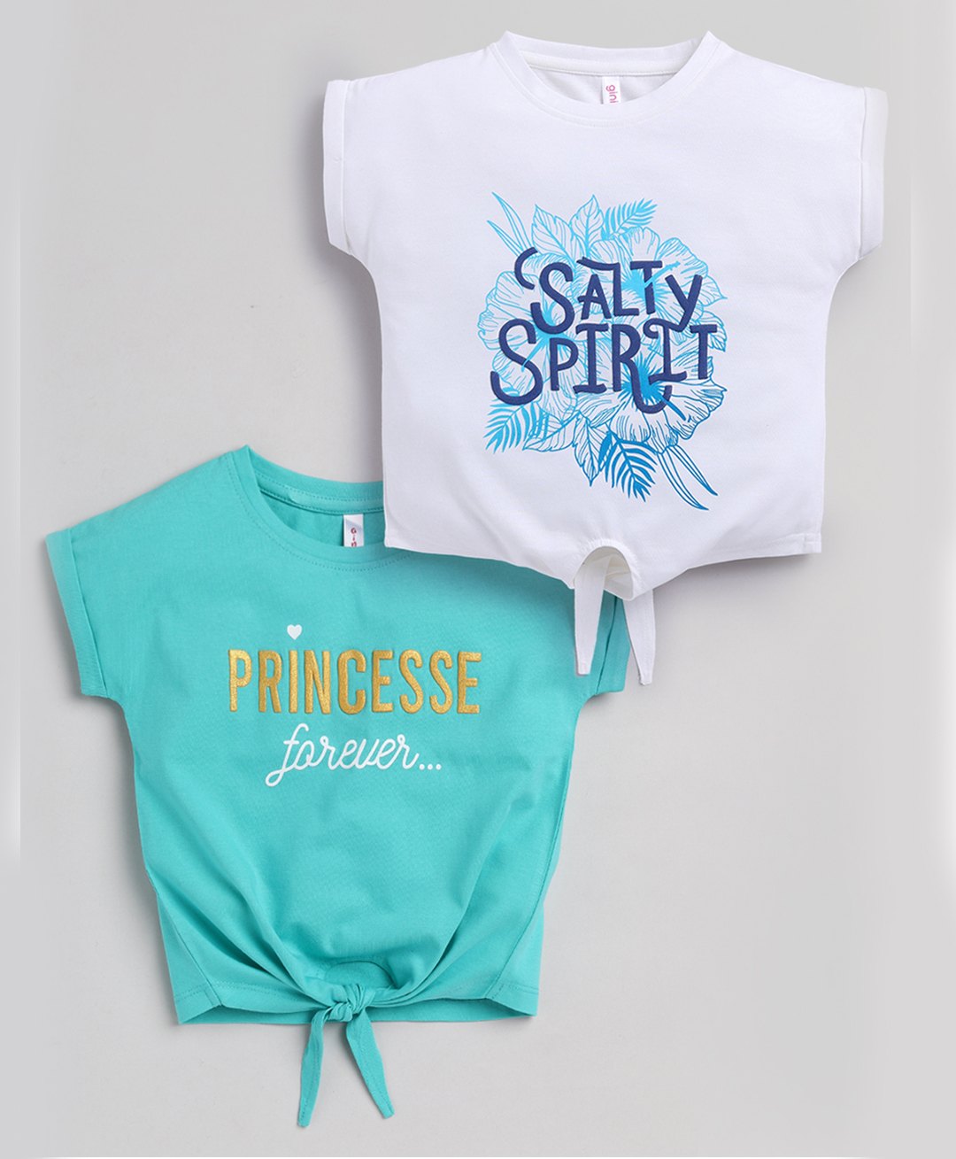 giniekids Cotton Knit Pack Of 2 Half Sleeves Typography & Floral Printed Tops - White & Mint-picture-25