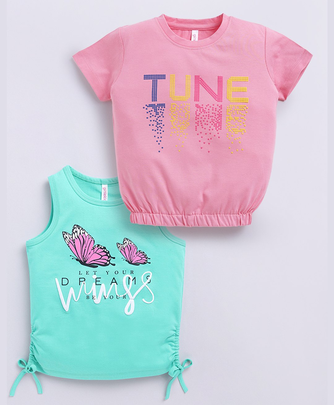 giniekids Cotton Knit Pack Of 2 Half Sleeves Butterfly & Tune Text Puff Printed Tops - Pink & Mint-picture-13