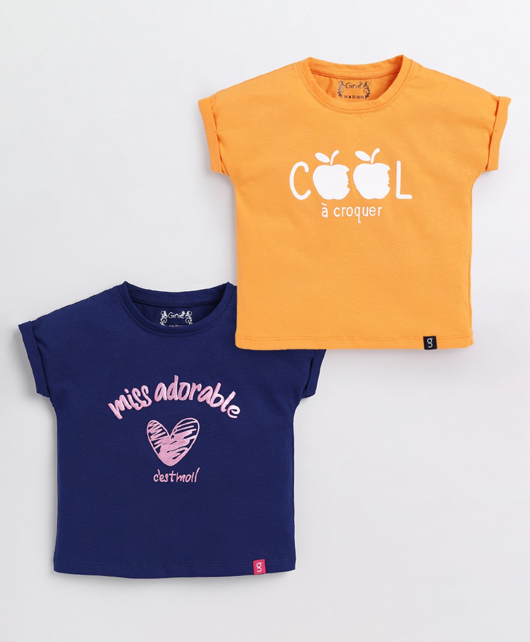 giniekids Cotton Knit Pack Of 2 Half Sleeves Typography Printed Tops - Matte Gold & Navy Blue-picture-15