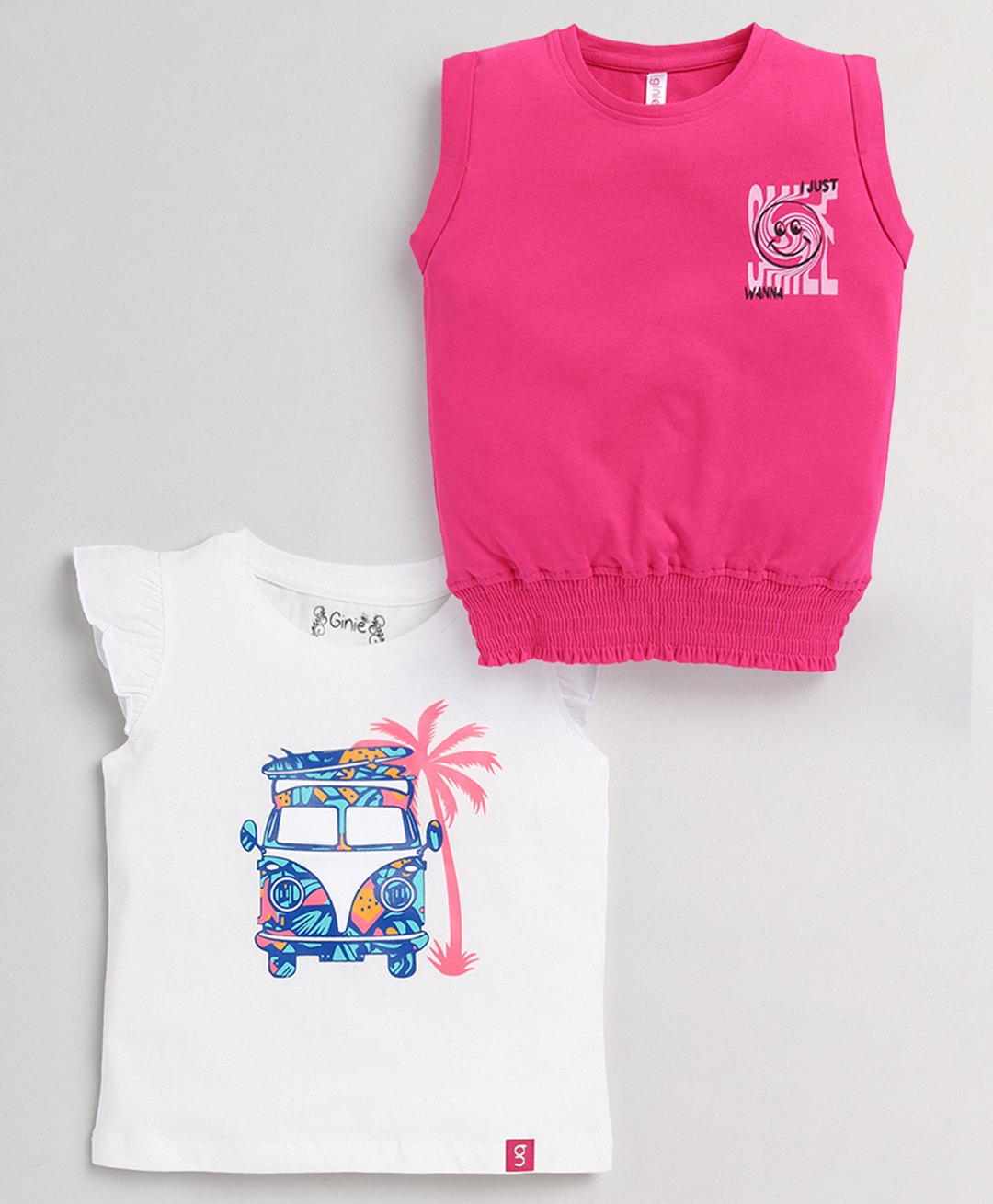 giniekids Cotton Knit Pack Of 2 Frill Sleeves Vehicle & Typography Printed Tops - White & Rani Pink-picture-15