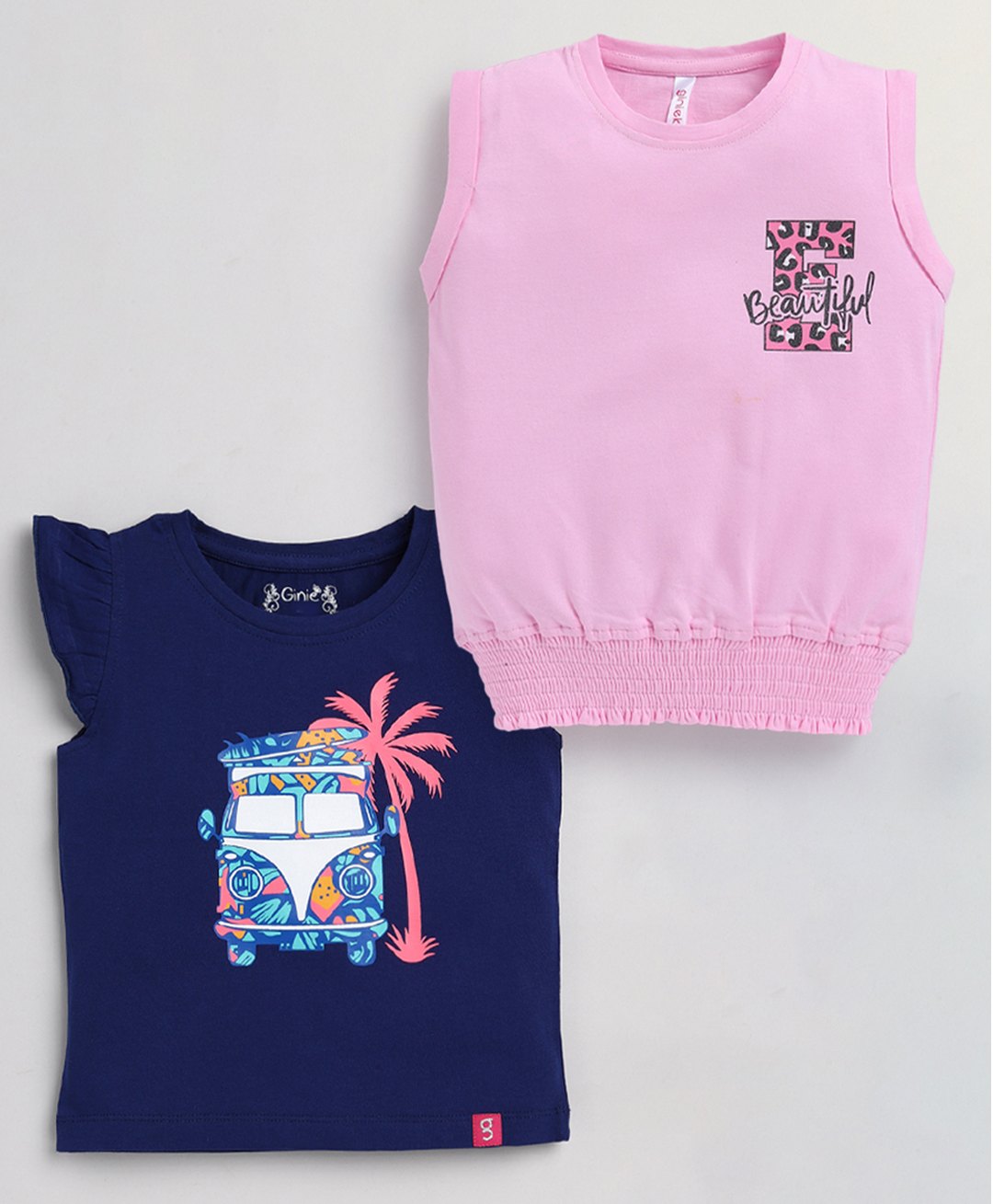 giniekids Cotton Knit Pack Of 2 Frill Sleeves Vehicle & Typography Printed Tops - Navy Blue & Pink-picture-6