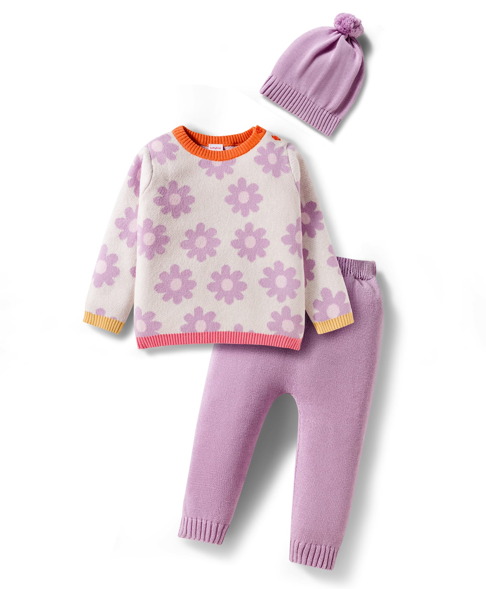 Babyhug Cotton Knit Full Sleeves Pullover Sweater Set with Cap & Floral Design - Lavender-image-28