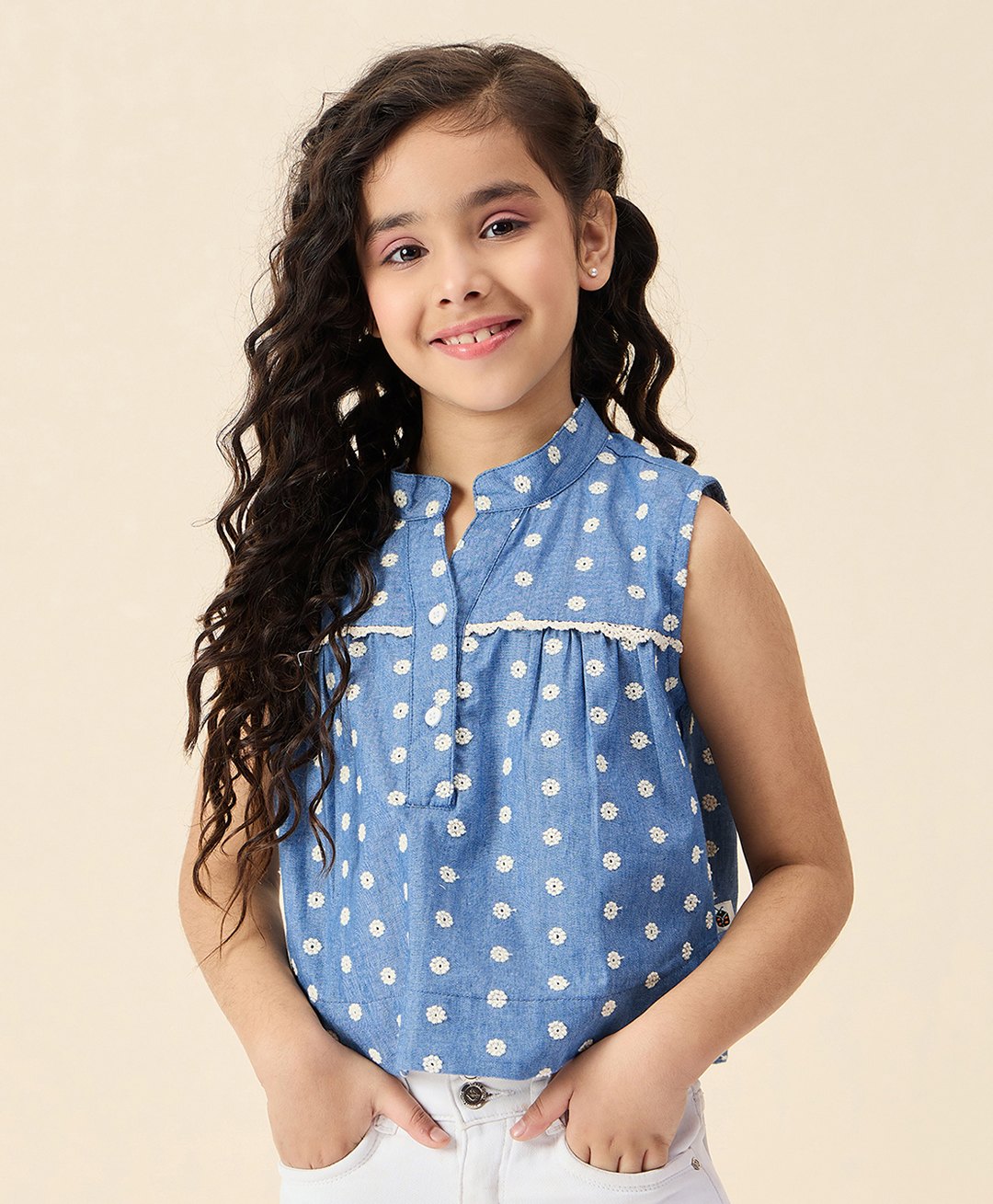 StyloBug Cotton Woven Sleeveless Floral Embroidered Lace Detailed Top - Blue-picture-19