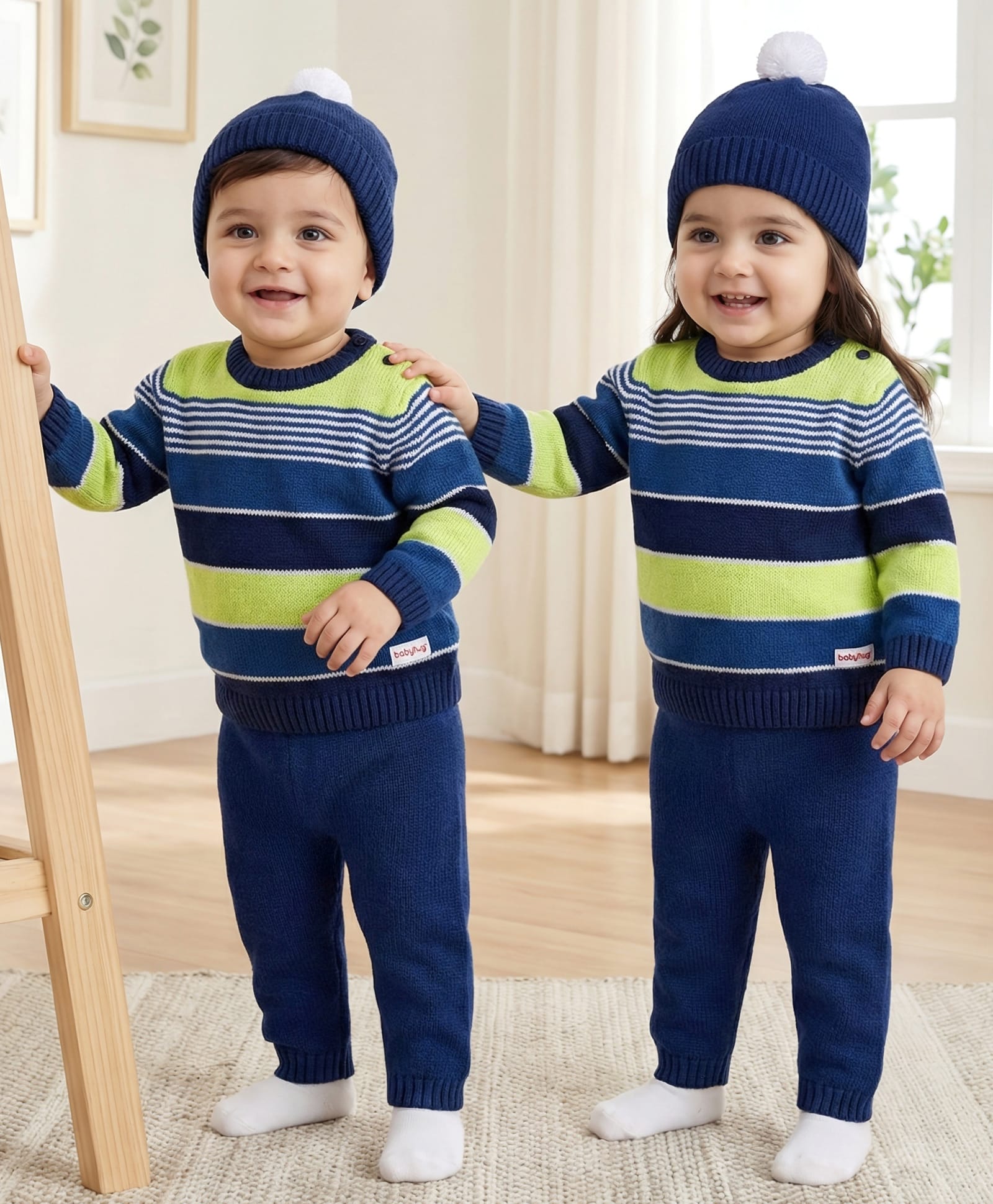 Babyhug Knit Full Sleeves Pull Over Sweater Set with Stripes & Cap - Navy Blue-image-28