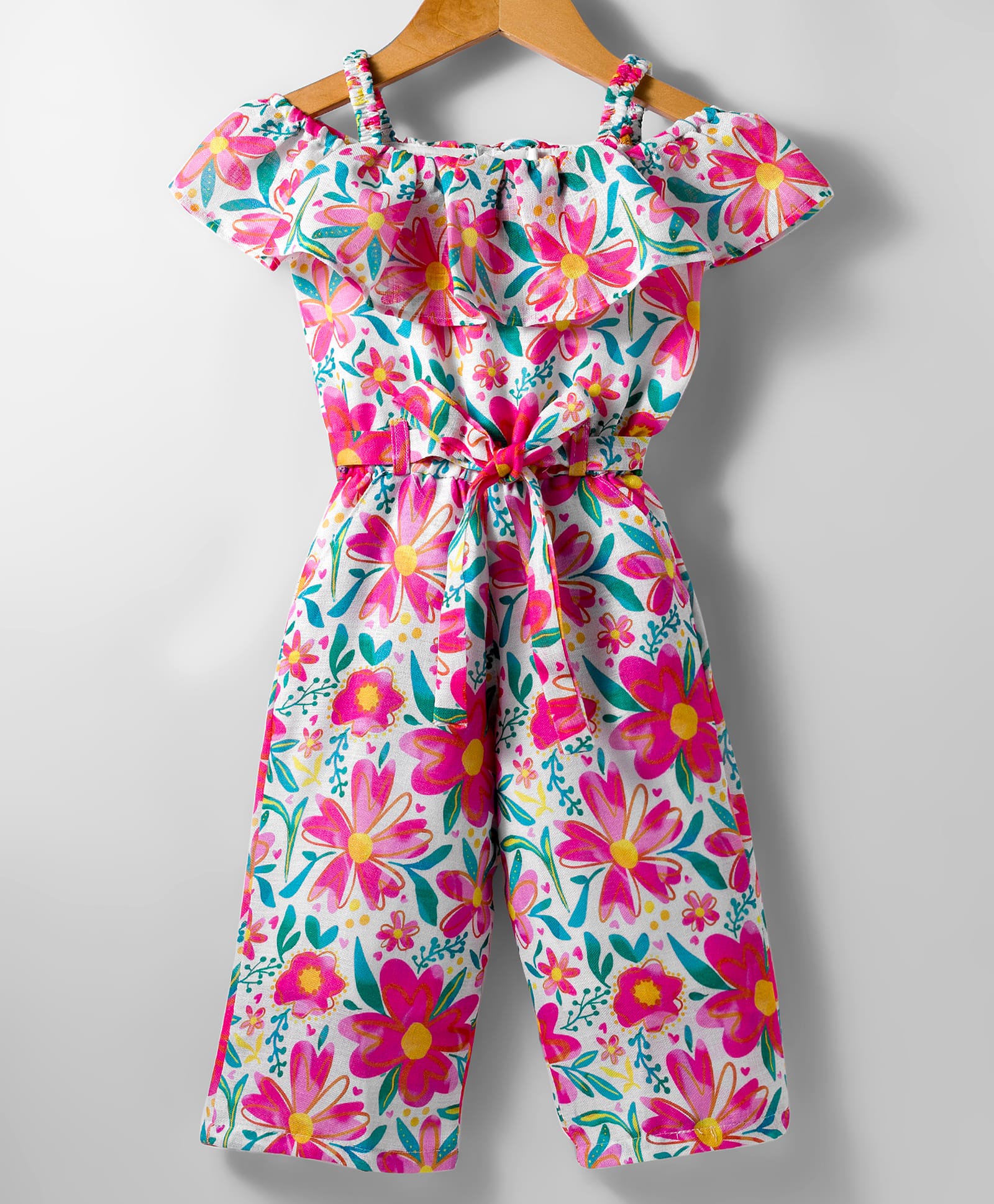 Twetoons Woven Frill Sleeves Jumpsuit with Fabric Belt & Floral Print - Pink-image-18