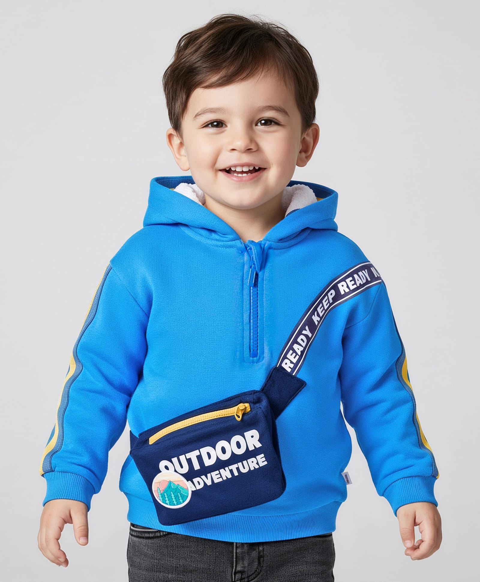 Babyhug Fleece Knit Full Sleeves Hooded Sweatshirt With Sling Bag Applique - Blue-image-20