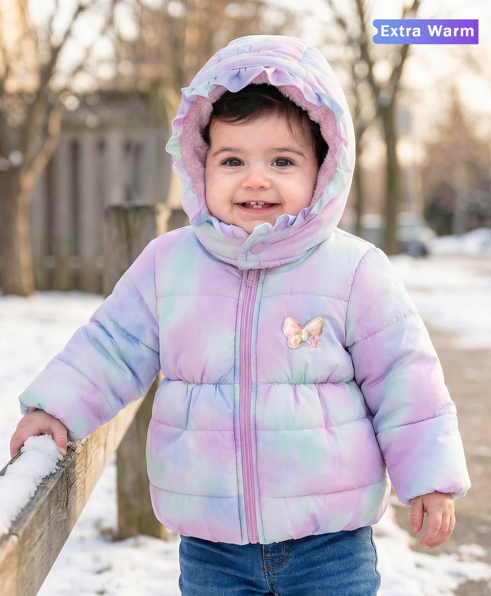Babyoye Woven Full Sleeves Padded Hooded Jacket with Butterfly Patch Detailing - Lilac-image-27