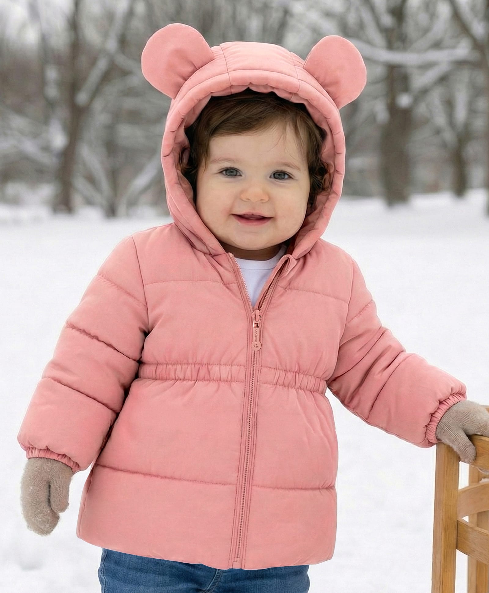 Babyoye Woven Full Sleeves Solid Hooded Padded Jacket With Ear Applique - Pink-picture-16