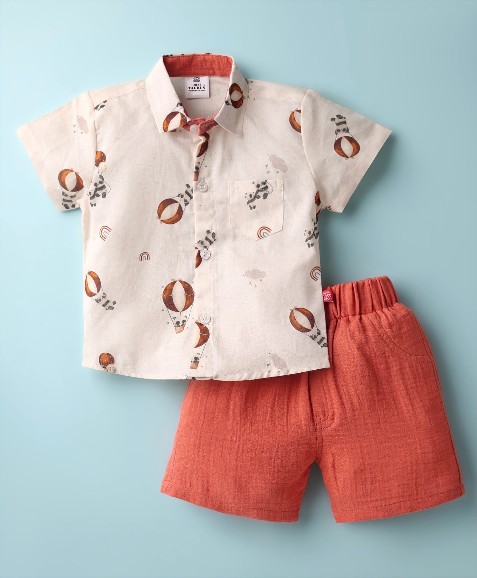 Mini Taurus Cotton Woven Half Sleeves Front Open Shirt & Short Set With Animal Print - Coral-picture-2
