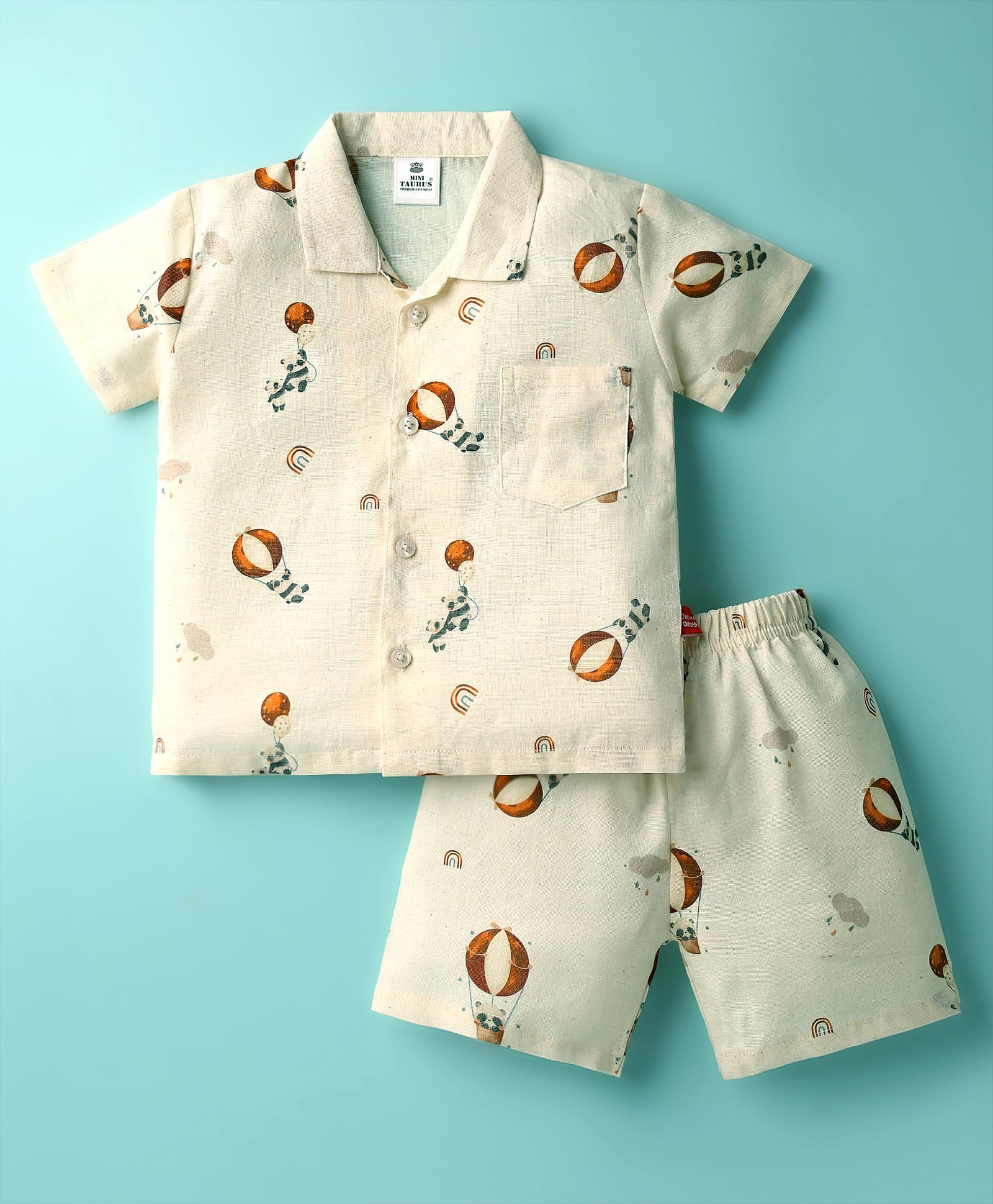 Mini Taurus Cotton Woven Half Sleeves Co-ords Shorts Set with Panda Print - Rust Orange-image-44