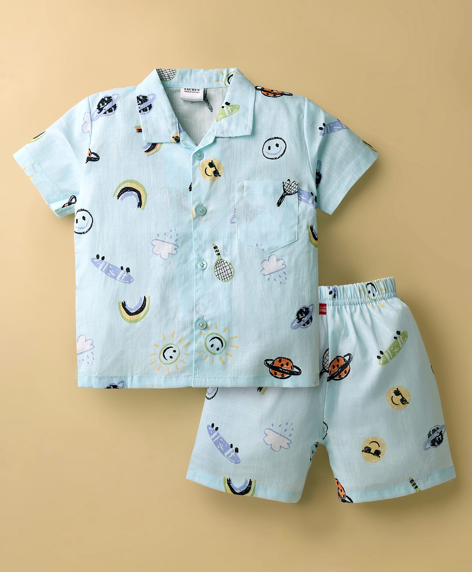 Mini Taurus Cotton Knit Half Sleeves Co-ords Shorts Set with Space Theme Print - Light Blue-picture-12