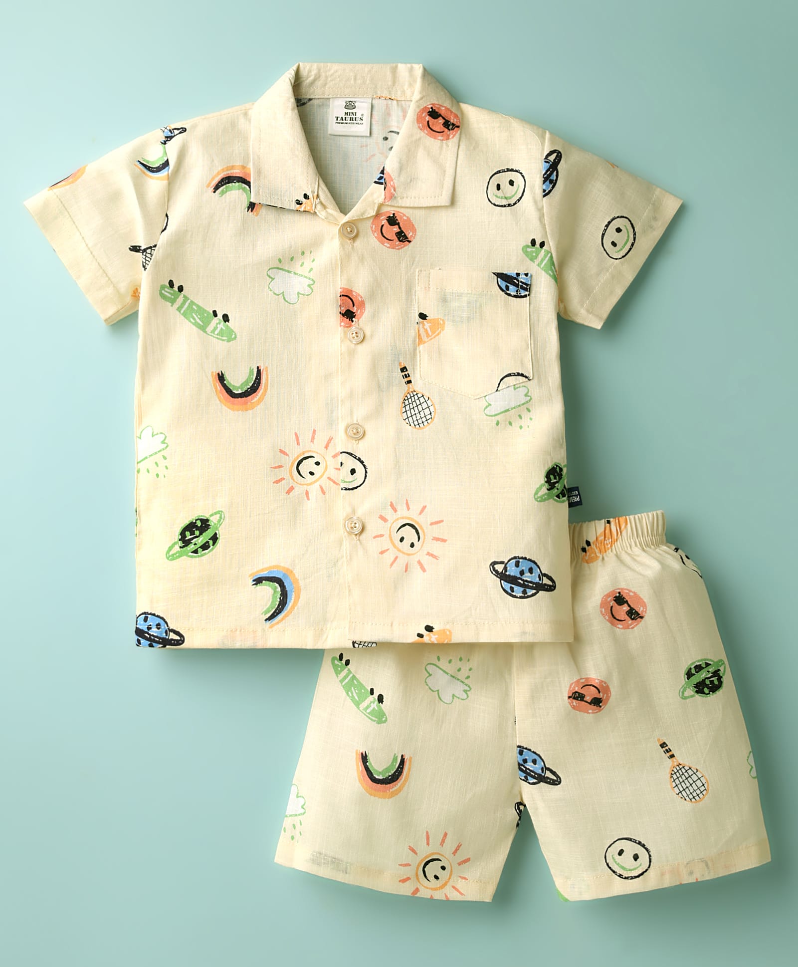 Mini Taurus Cotton Knit Half Sleeves Co-ords Shorts Set with Space Theme Print - Cream-picture-11