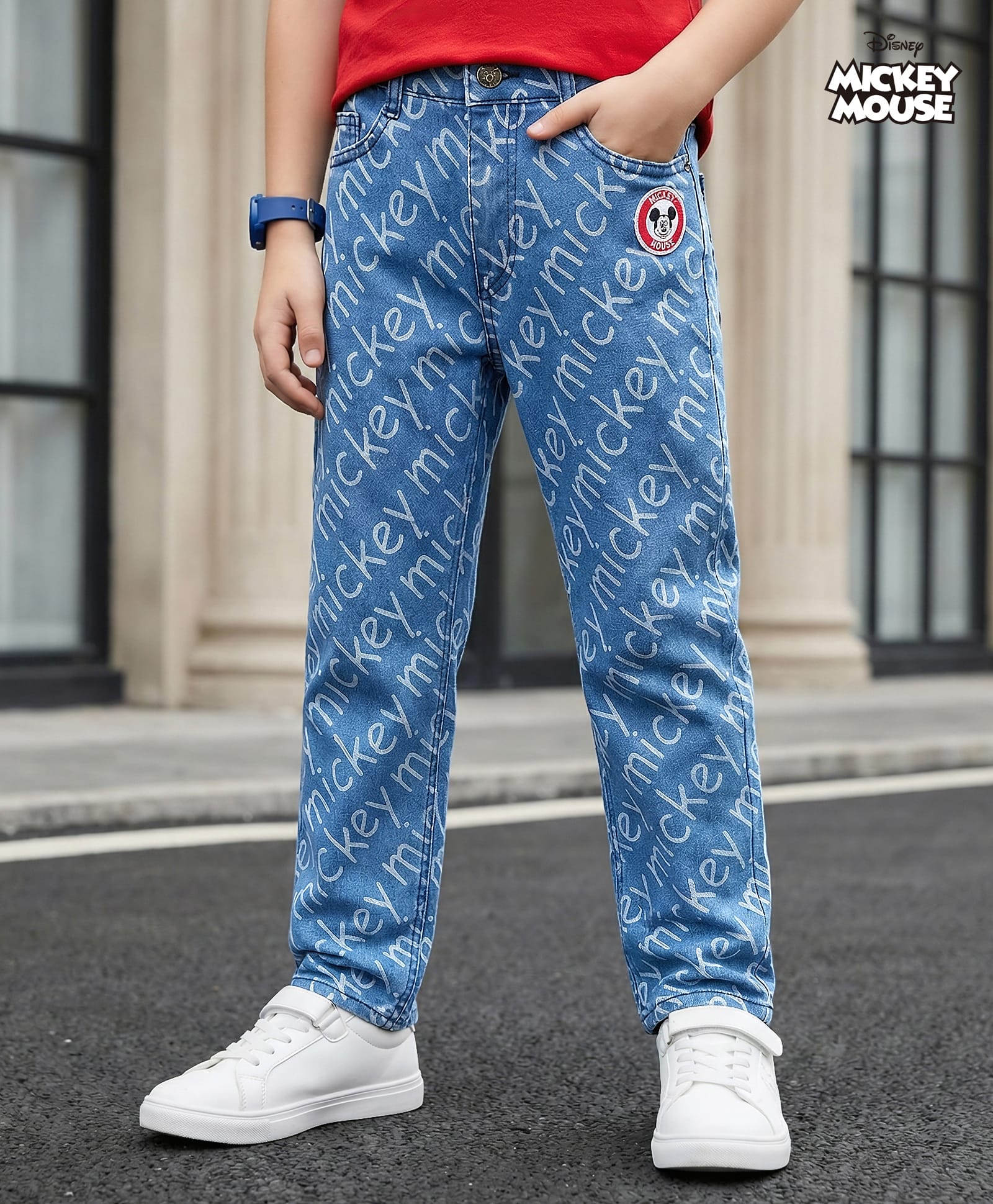 Pine Kids Disney Denim Woven Full Length Jeans With Mickey Mouse Print - Blue-picture-11