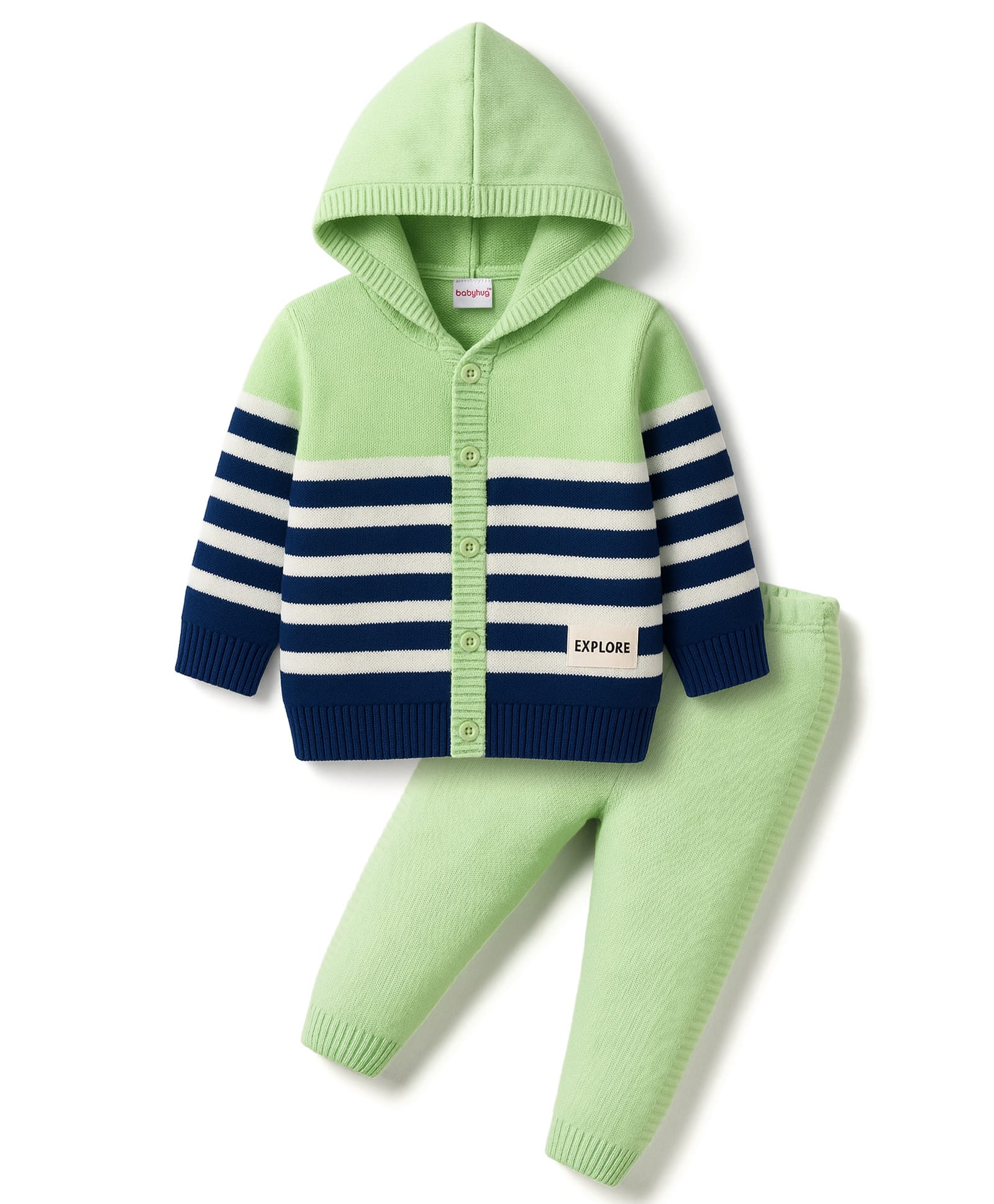 Babyhug Knitted Full Sleeves Striped Hooded Sweater Set - Blue & Green-image-19