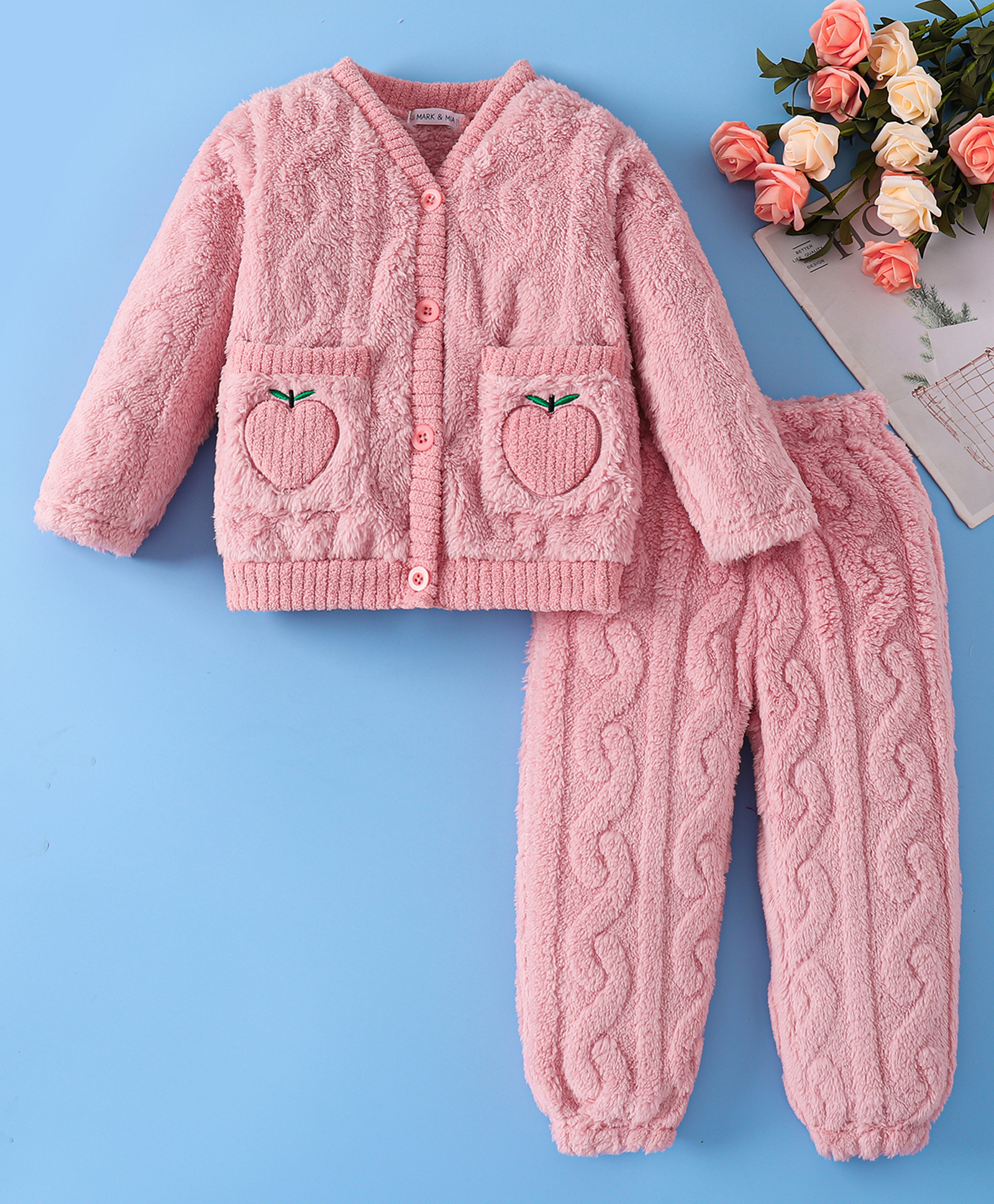Mark & Mia Full Sleeves Front Open Co-Ord Winter Wear Night Suit with Cable Knit & Apple Design - Pink-image-13