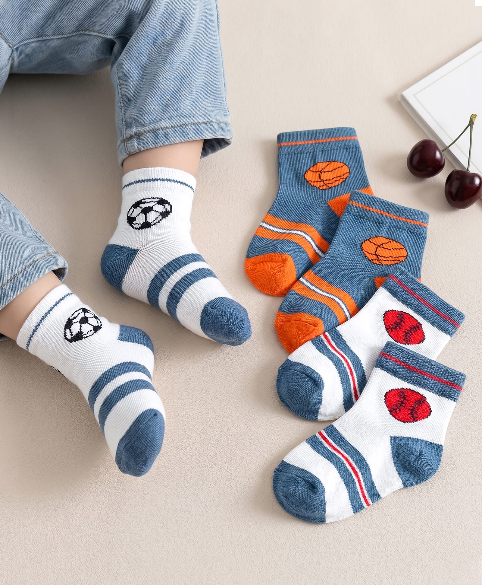 Cute Walk by Babyhug Knit Ankle Length Anti-Bacterial Socks with Basketball Design Pack of 3 - White Blue & Orange-image-29