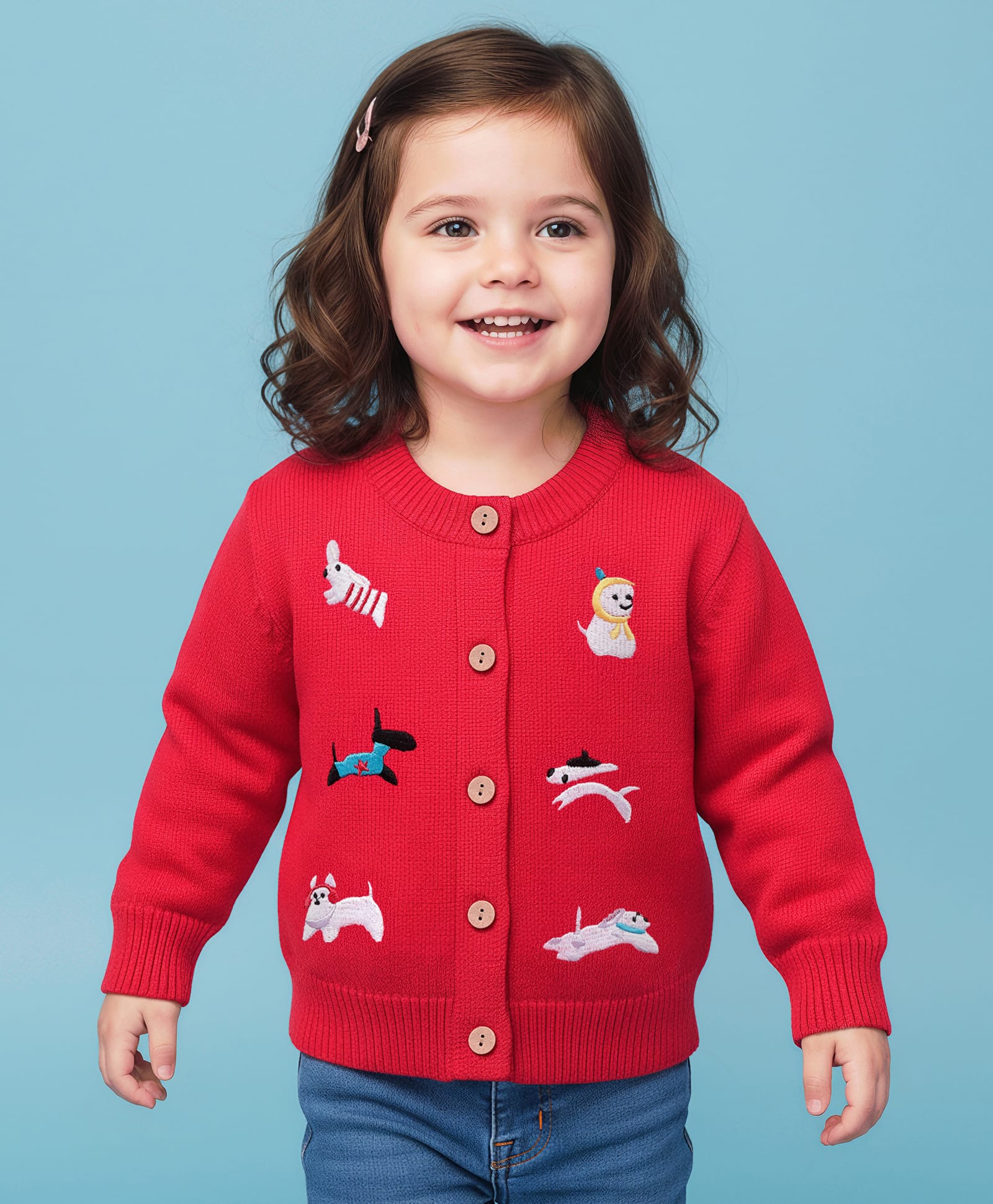 Mark & Mia Full Sleeves Front Open Sweater with Animal Embroidery - Red-image-39