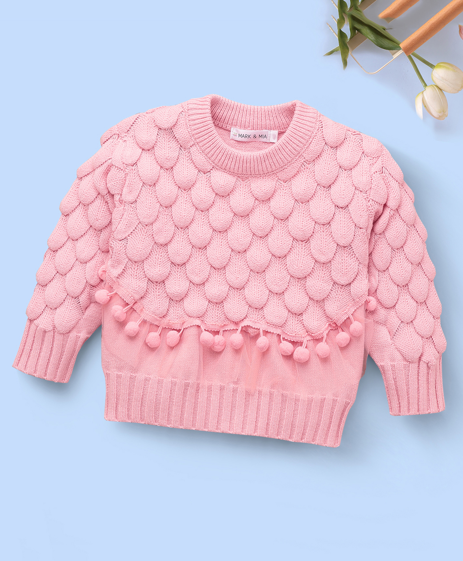 Mark & Mia Full Sleeves Pullover Sweater with Scale Knit Design & Pop Pom Detailing - Pink-picture-13