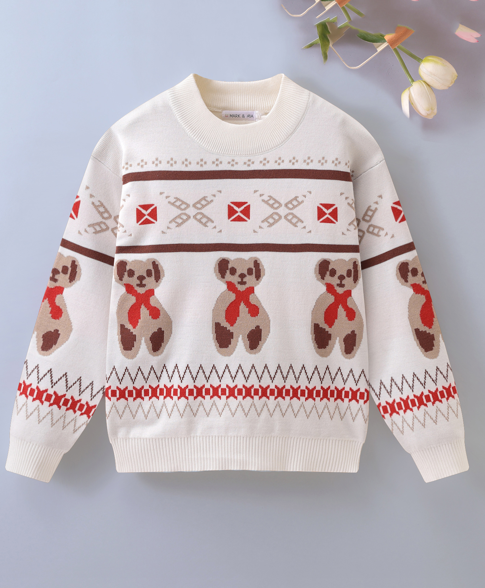 Mark & Mia Viscose Full Sleeves Pullover Sweater with Teddy Design - White-image-9