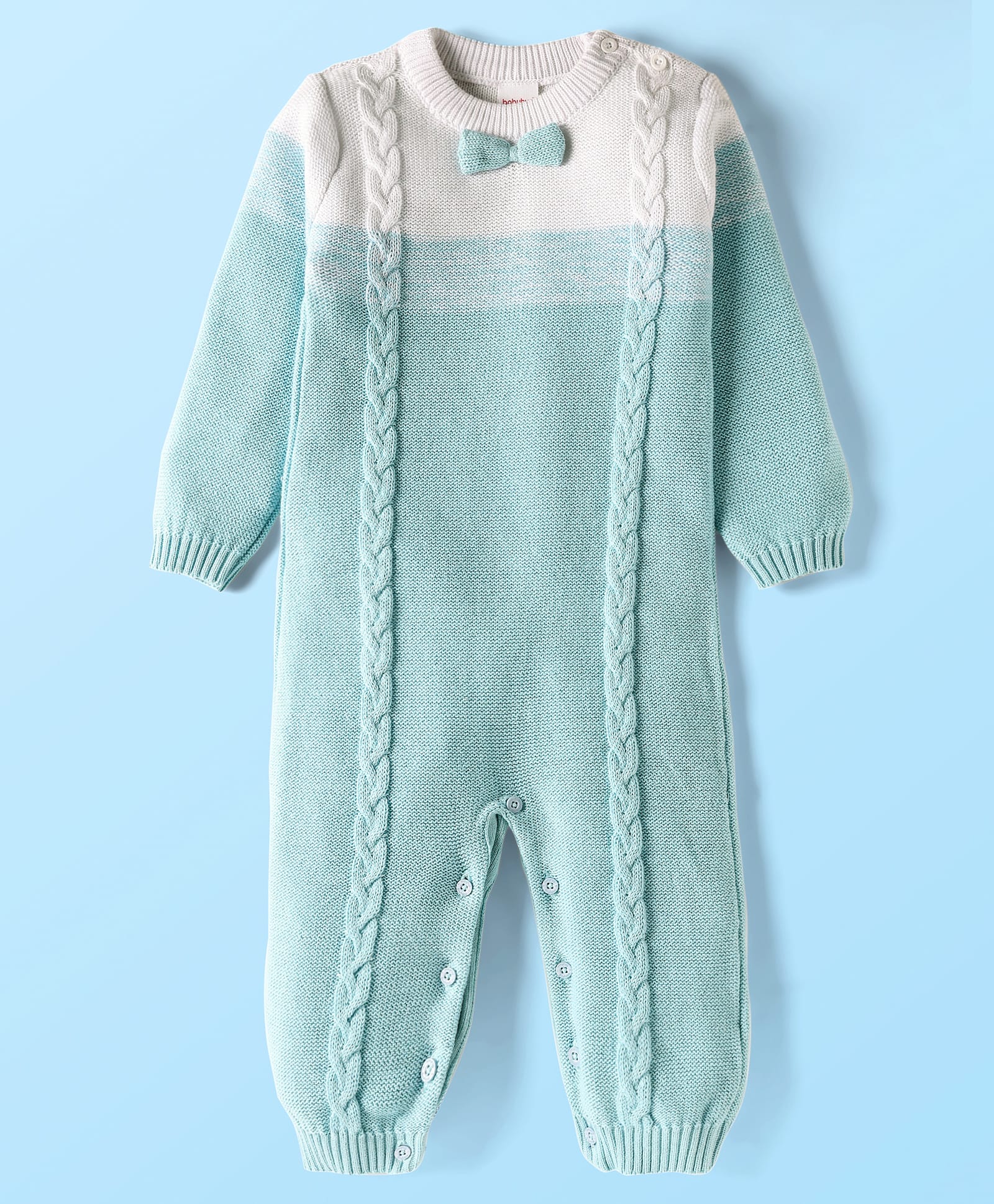 Babyhug Cotton Knit Full Sleeves Winter Wear Romper With Cable Knit Design & Bow Applique - Light Blue-image-32