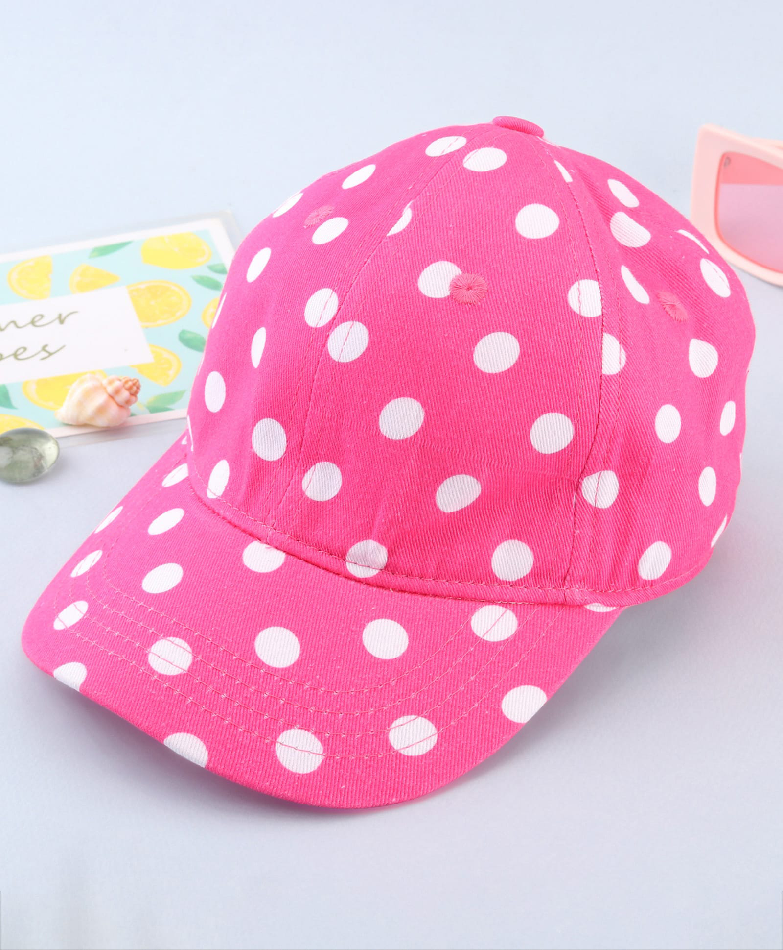 Babyhug Cotton Woven Cap With Polka Dot Print Pink - Diameter 17 cm