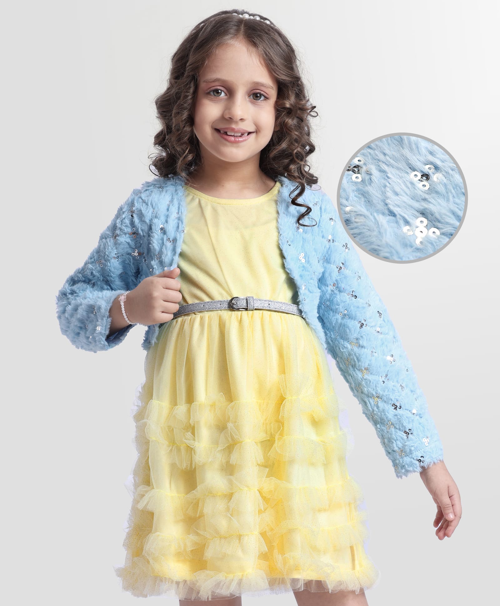 Hola Bonita Knit Full Sleeves Sequin Party Dress with Fur Shrug Glitter Mesh & Belt - Yellow & Light Blue-picture-12