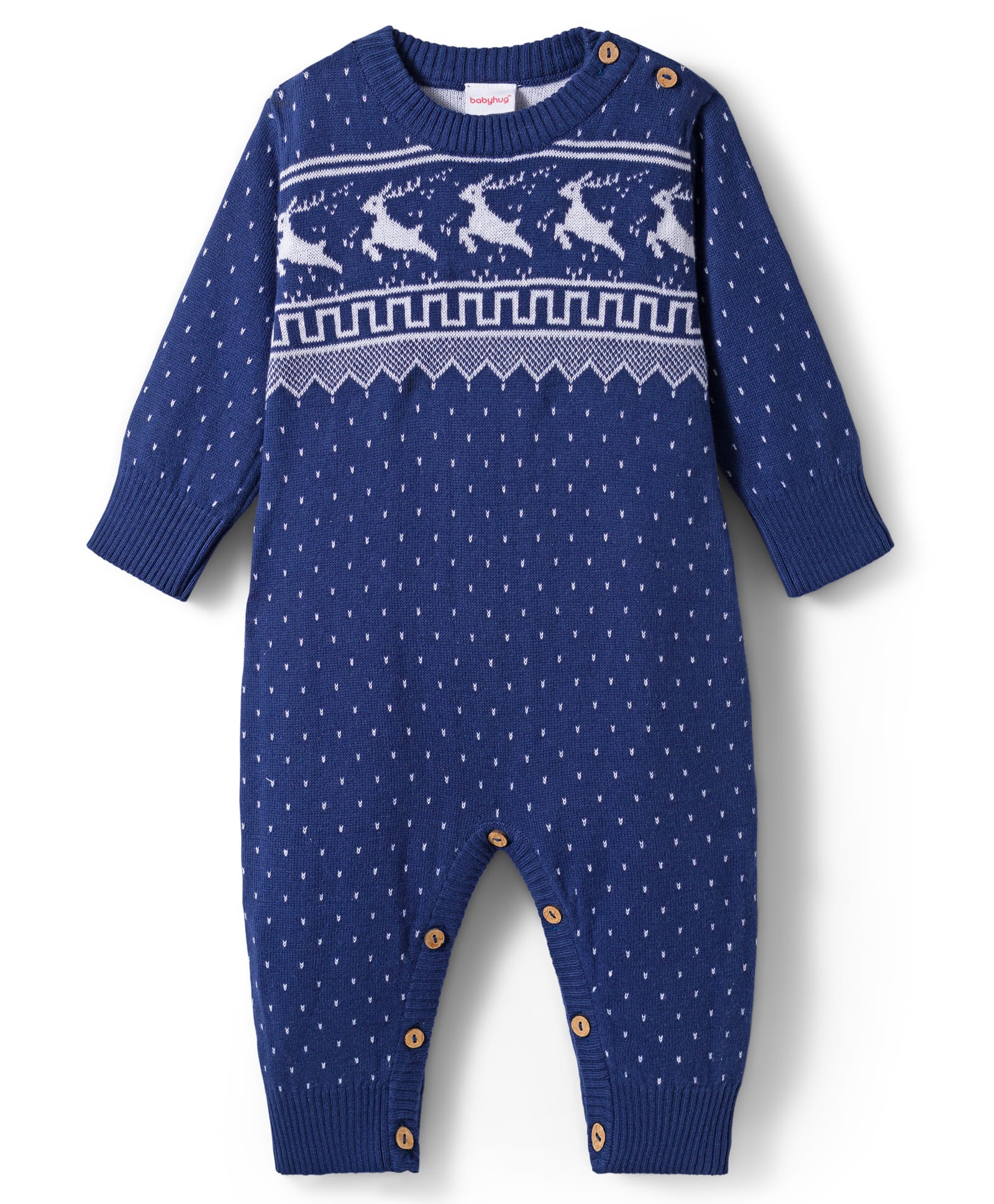 Babyhug Cotton Knit Full Sleeves Winter Wear Romper with Polka Dot & Fair Isle Design - Navy Blue-image-23