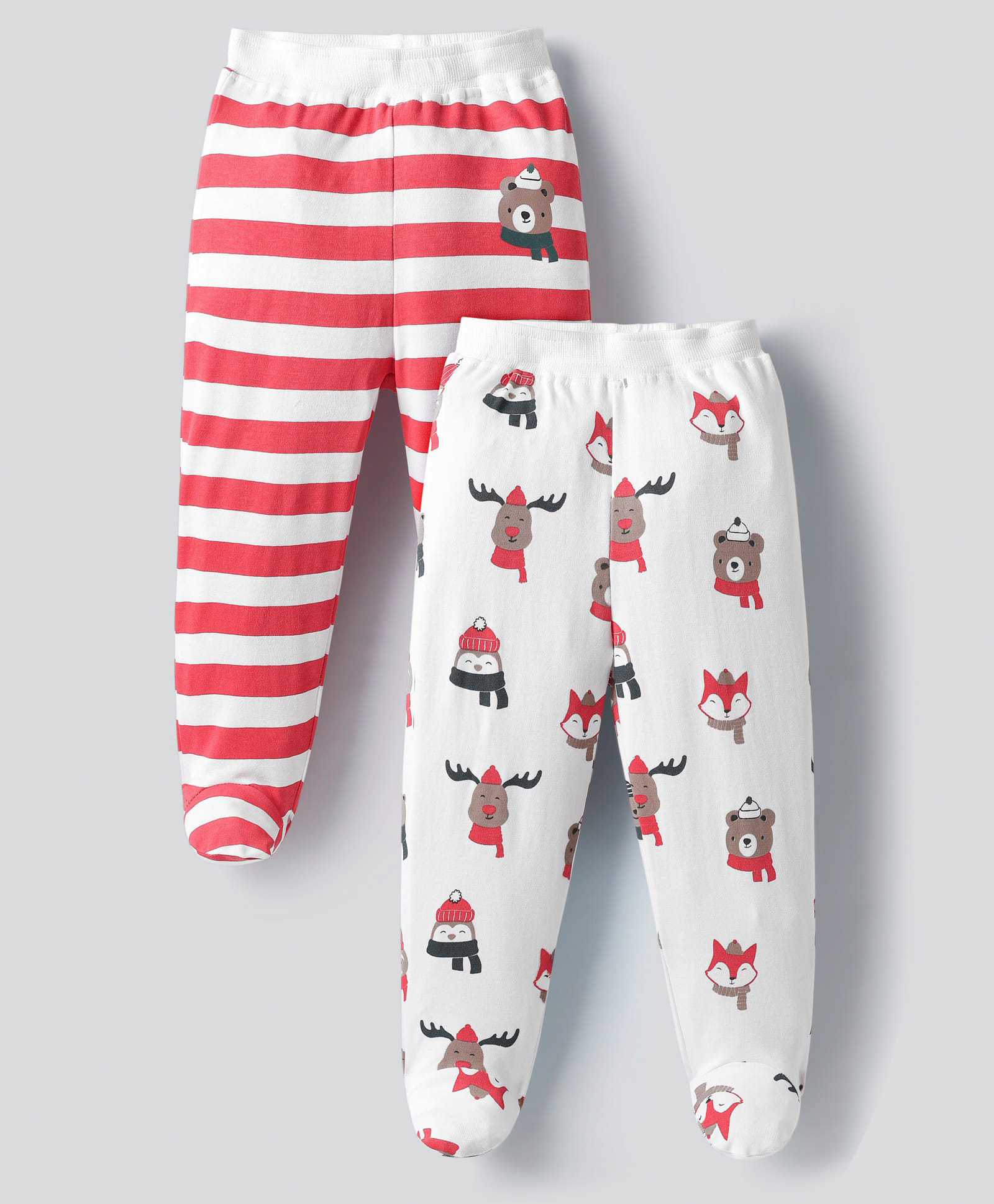 Bonfino 100% Cotton Knit Full Length Diaper Leggings With Stripes & Animal Print Pack Of 2 - Red & White-picture-20