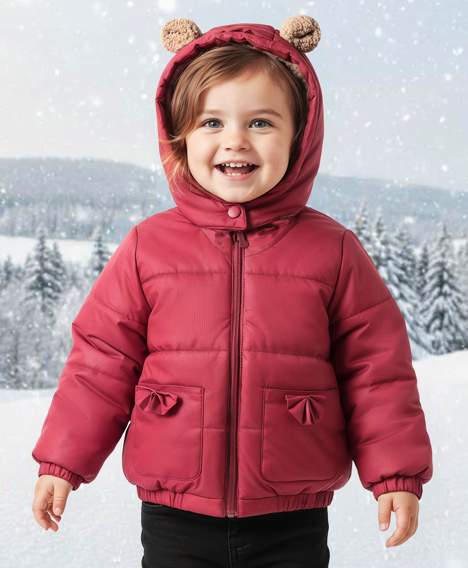 Babyoye Woven Full Sleeves Solid Coloured Padded Hooded Winter Jacket With Applique - Wine-image-34
