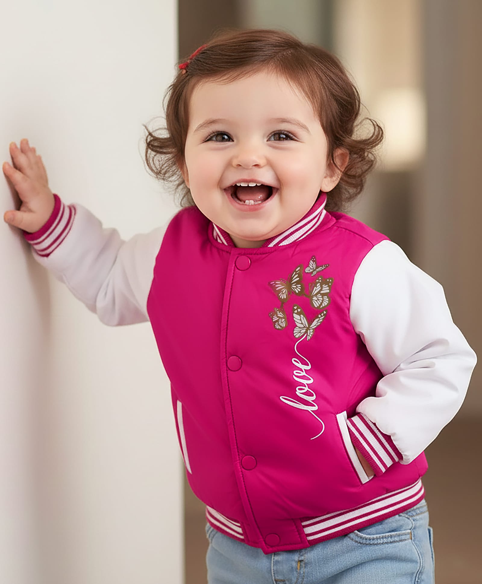 Babyoye Woven Full Sleeves Bomber Jacket with Butterfly Print - Dark Pink & White-image-31
