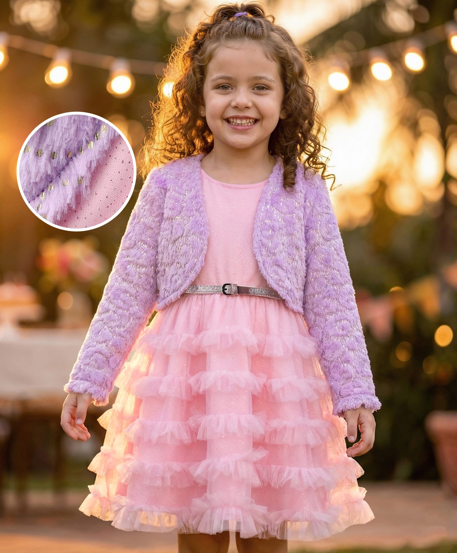Hola Bonita Knit Full Sleeves Sequin Party Dress with Fur Shrug Glitter Mesh & Belt - Pink & Lavender-image-36