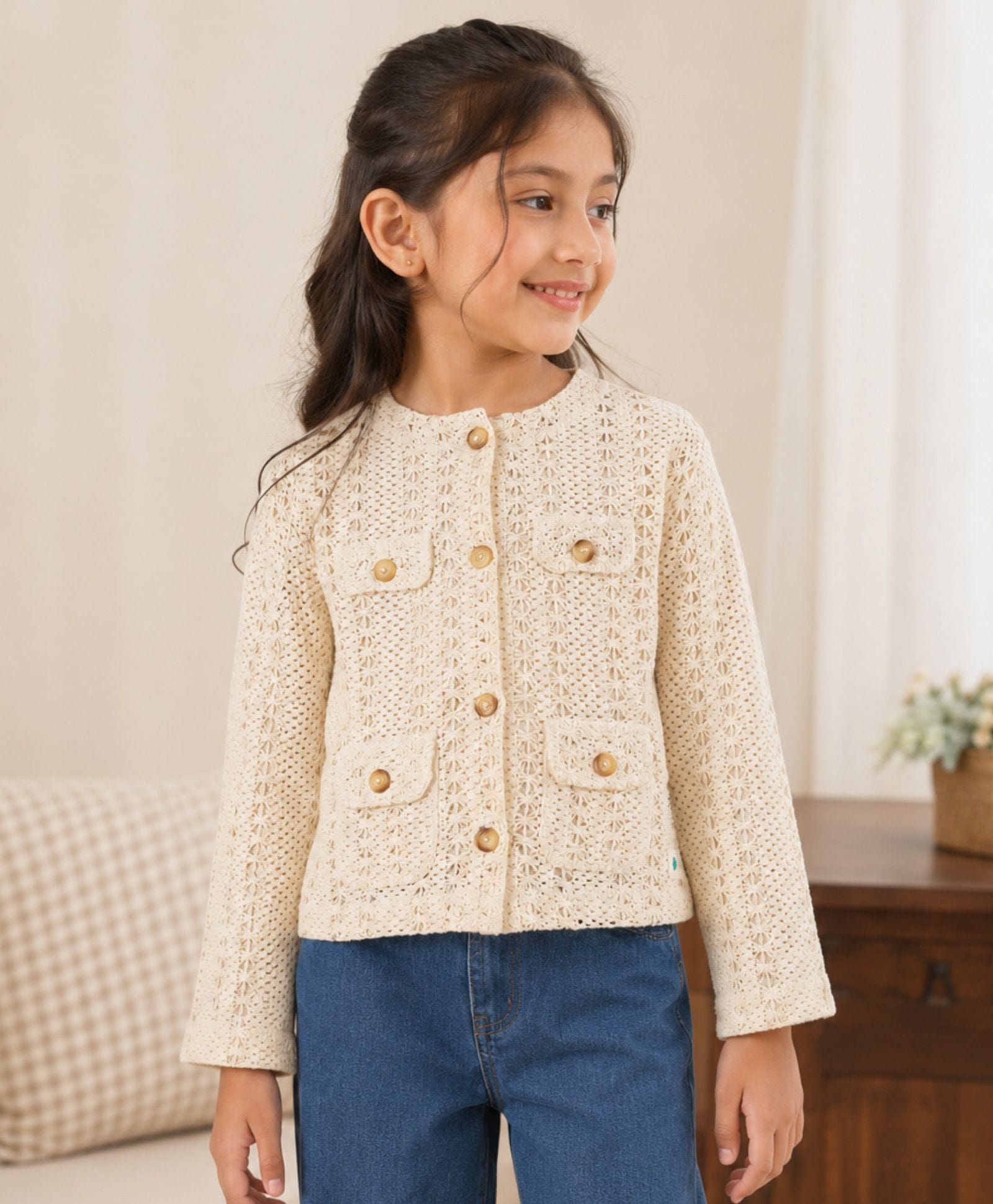 My Milestones Cotton Woven Full Sleeves Abstract Crochet Designed Cardigan - Beige-picture-35