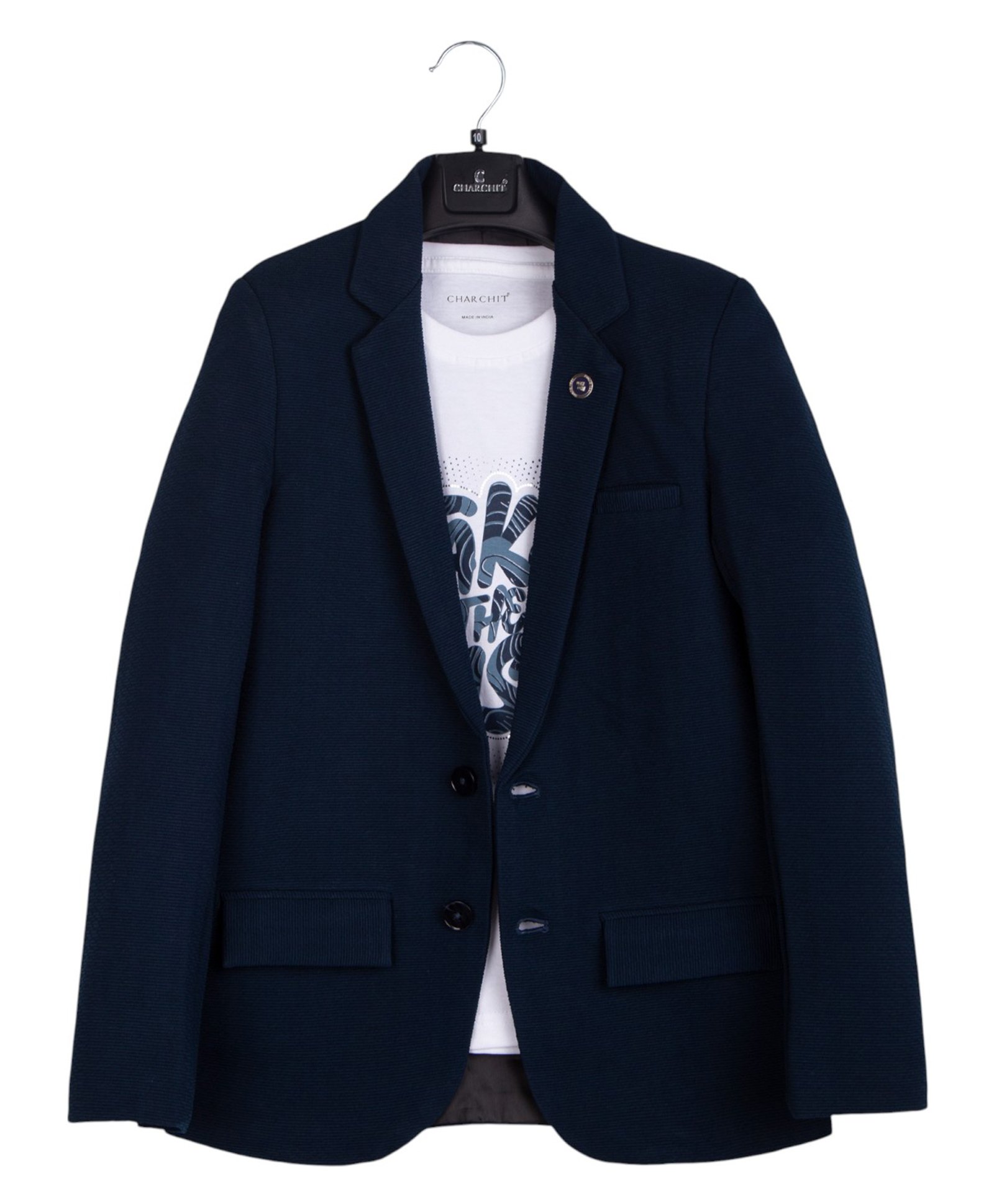 Charchit Cotton Blend Woven Full Sleeves Solid Blazer With Take The Risk Text Printed Tee Set - Turquoise Blue