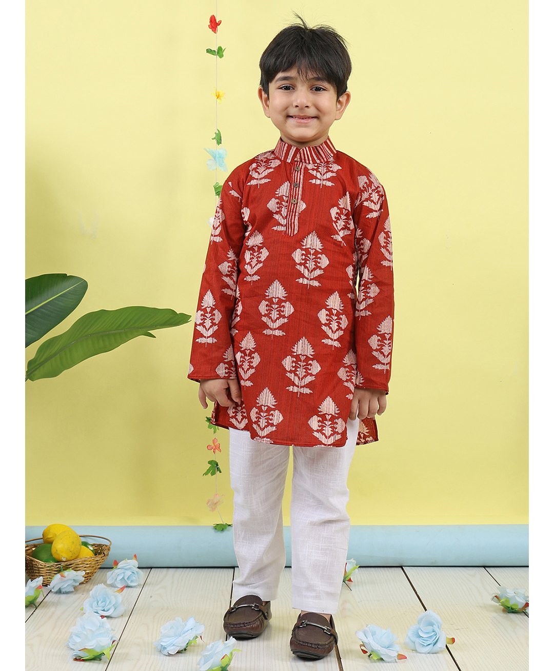 Kinder Kids Cotton Woven Full Sleeves Ethnic Motifs Printed Kurta Pyjama - Red & White-picture-17