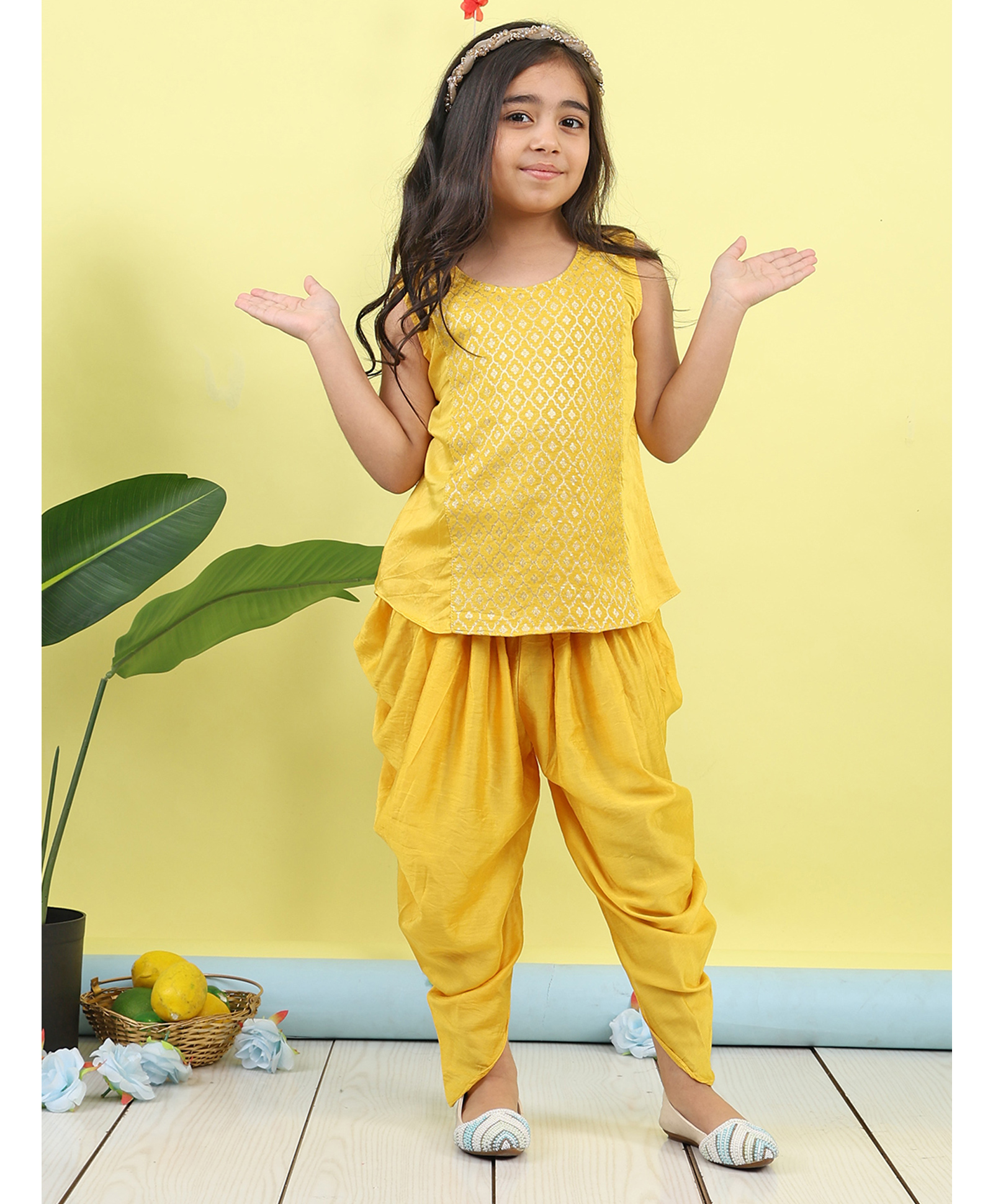 Kinder Kids Cotton Jaquard Woven Sleeveless Ethnic Motif Foil Printed Kurti & Dhoti Style Pant Set - Yellow-picture-25
