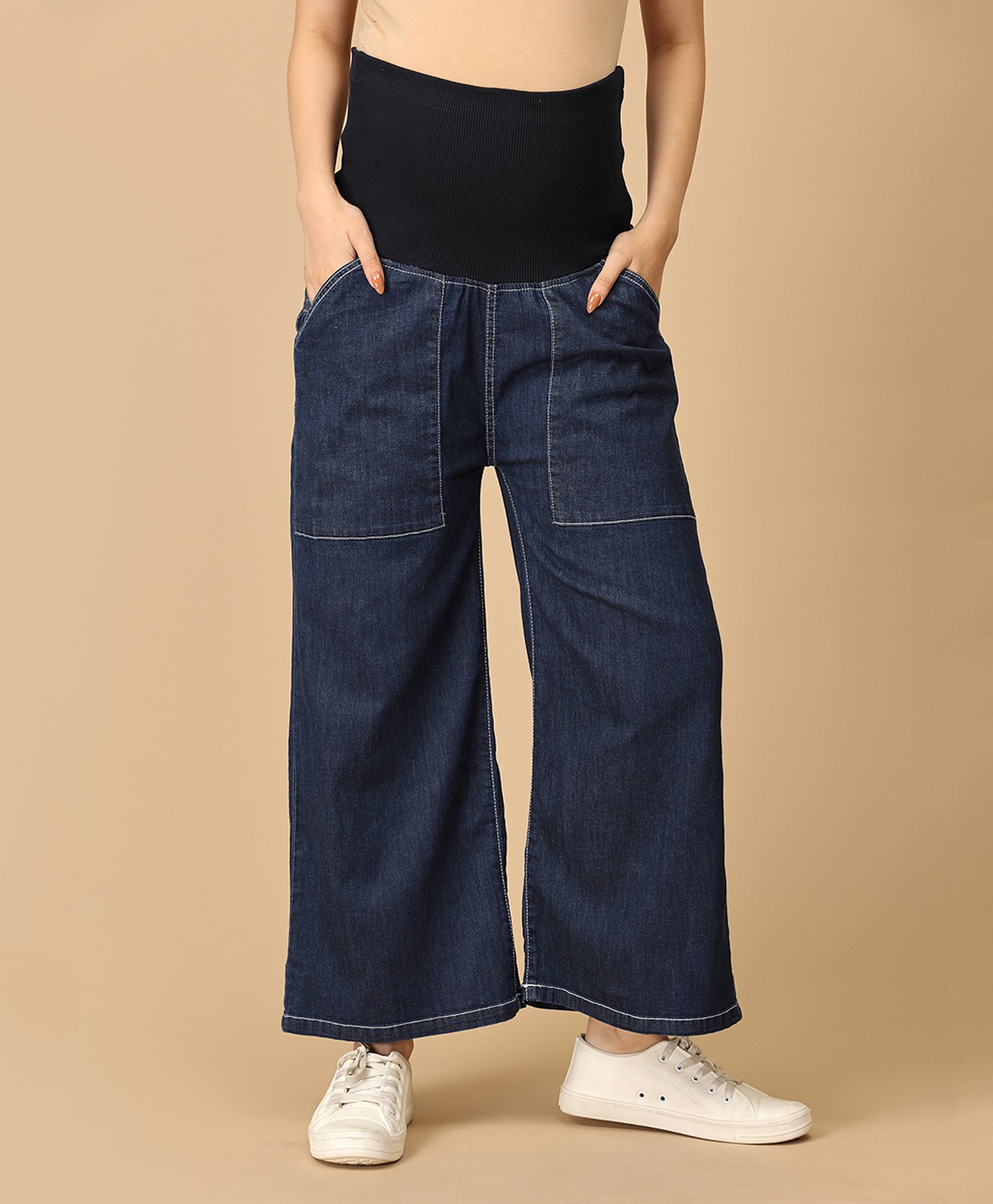 The Mom Store Denim Woven Solid Maternity Cargo Jeans With Belly Support - Dark Blue-image-4