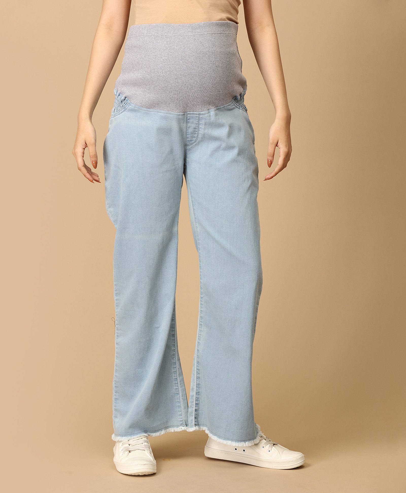 The Mom Store Denim Woven Solid Wide Leg Maternity Jeans With Belly Support - Blue