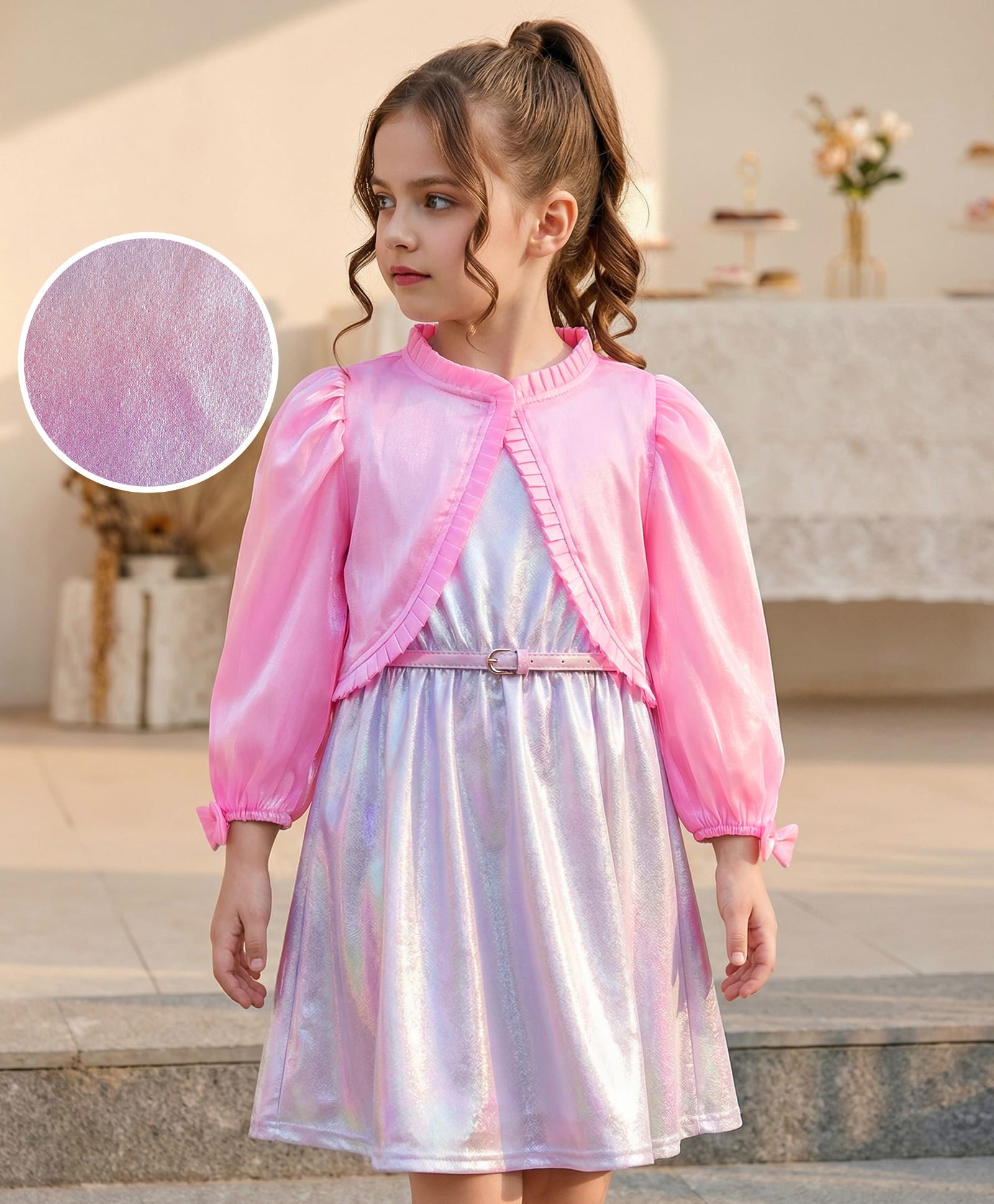 Hola Bonita Woven Full Sleeves Shiny Party Wear Dress & Shrug with Belt - Pink-image-17