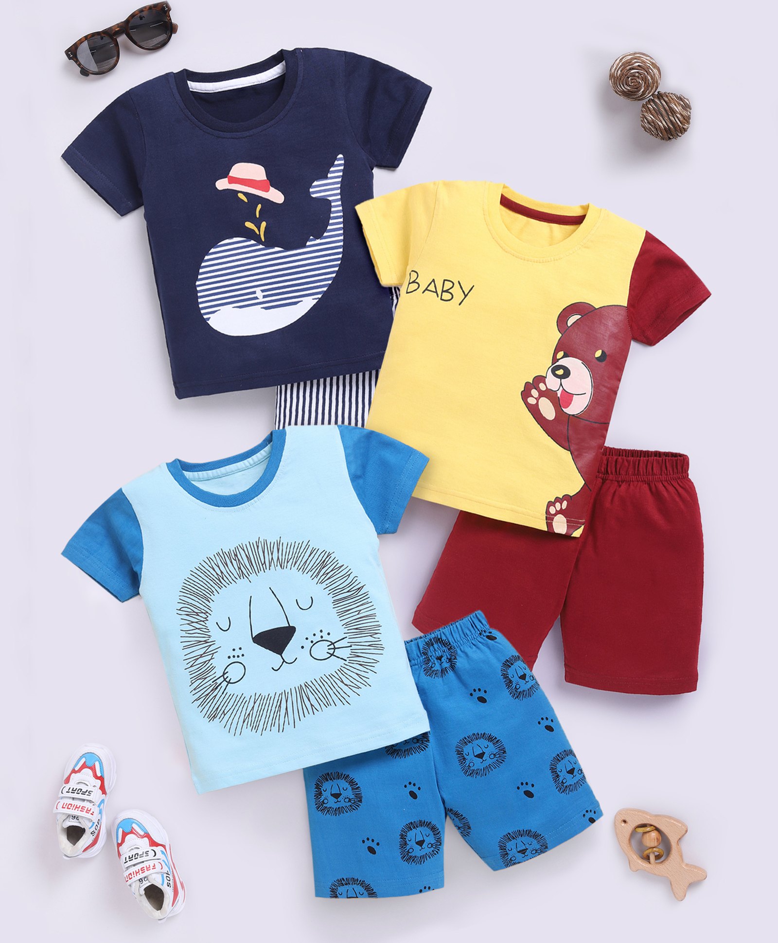 blushh berry Cotton Knit Pack Of 3 Half Sleeves Baby Animals Printed Tees & Shorts Set - Navy Blue Yellow & Blue-image-49