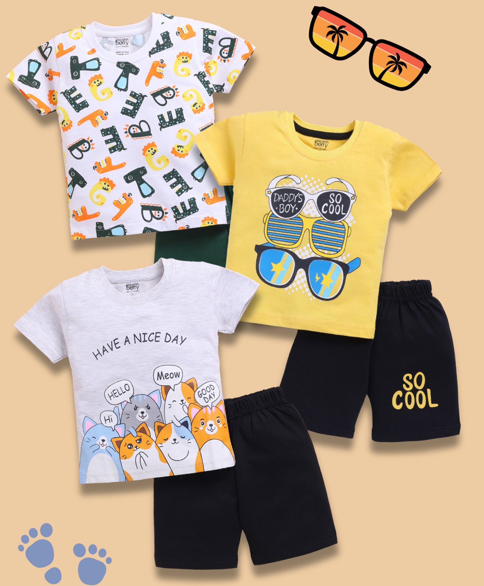 blushh berry Cotton Knit Pack Of 3 Half Sleeves Sunglasses & Cat Printed Tees With Shorts Set - White Yellow & Grey-image-36