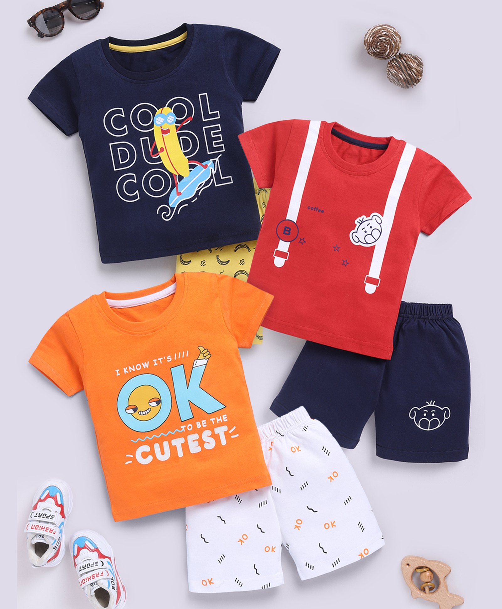 blushh berry Cotton Knit Pack Of 3 Half Sleeves Cool Dude & I Know Its Ok To Be The Cutest Text Printed Tees With Shorts Set - Black Red & Orange