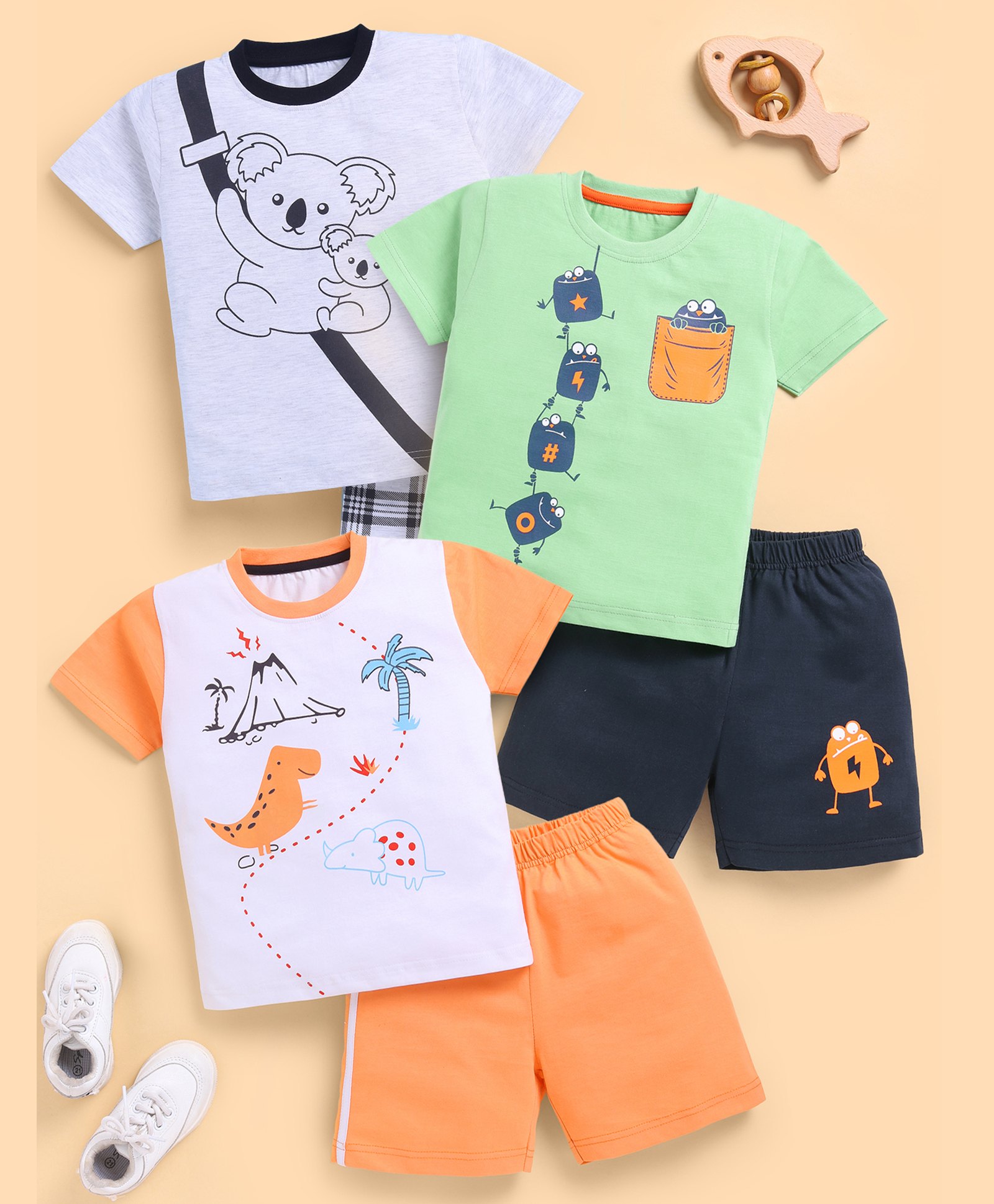 blushh berry Cotton Knit Pack Of 3 Half Sleeves Animals & Volcanno Printed Tees With Shorts Set - White Green & Orange-image-11