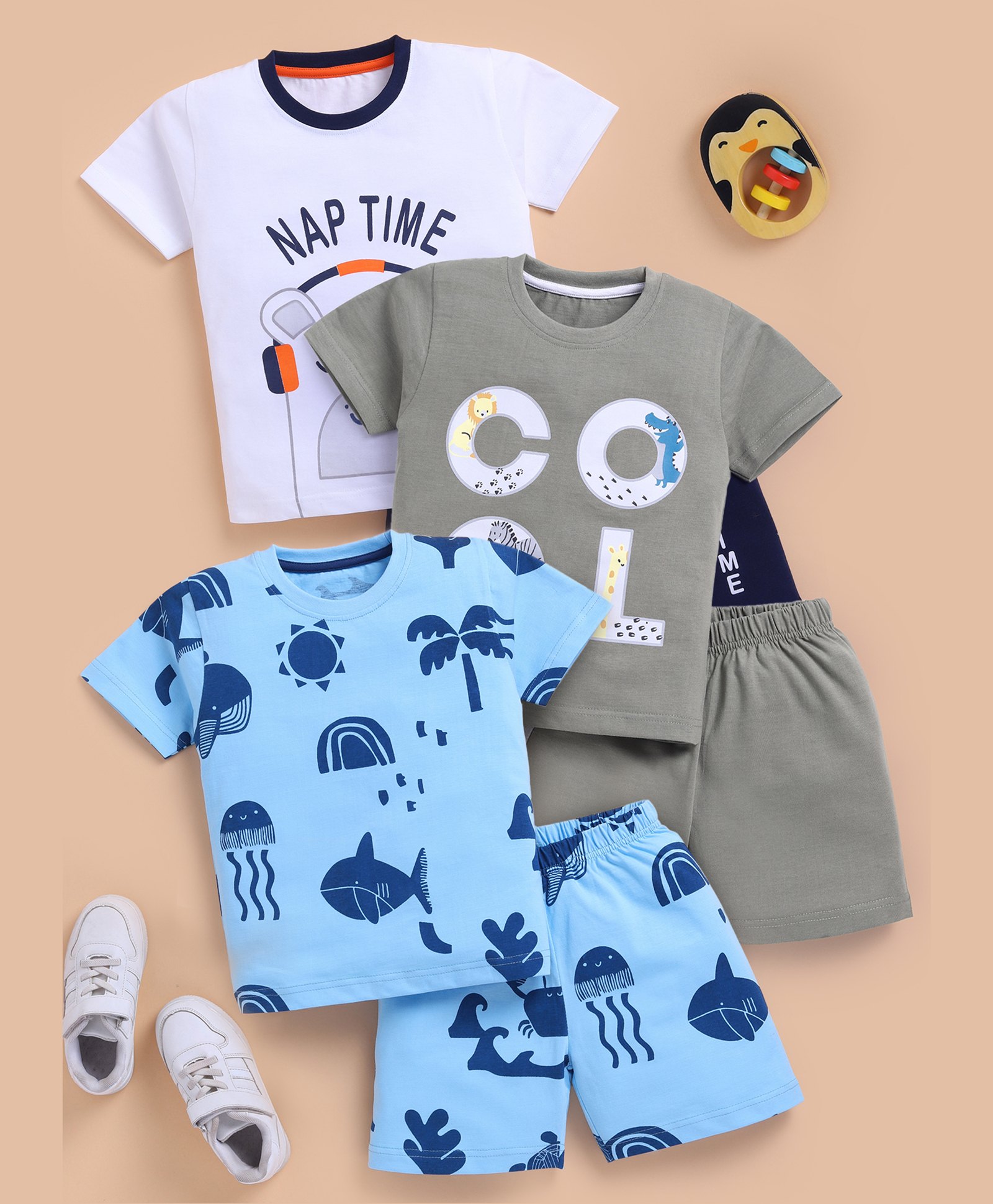 blushh berry Cotton Knit Pack Of 3 Half Sleeves Sea Life & Nap Time Text Printed Tees With Shorts Set - White Grey & Blue