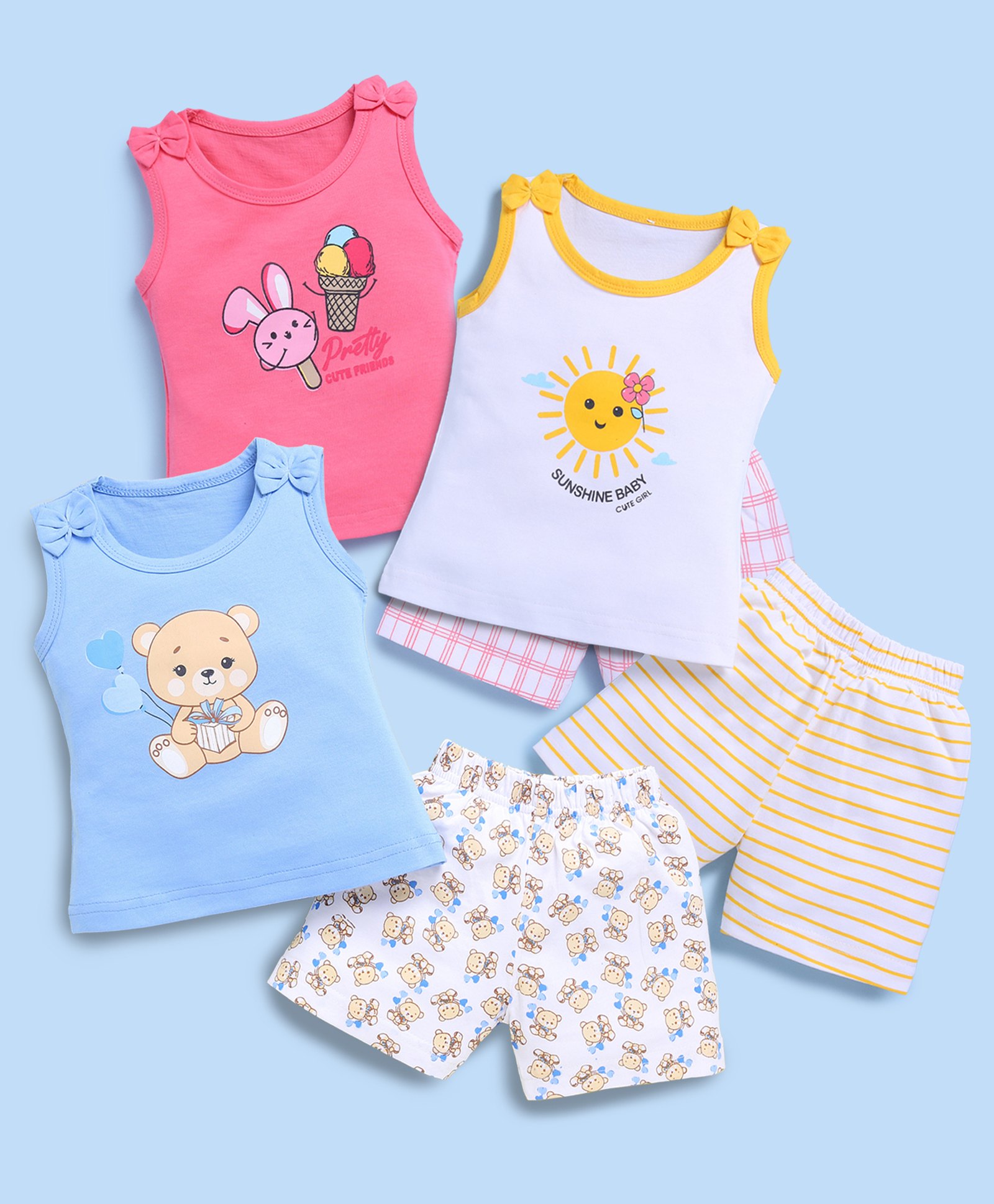blushh berry Cotton Knit Pack Of 3 Sleeveless Baby Animals Printed Tees & Shorts Set - Red White & Blue-image-41
