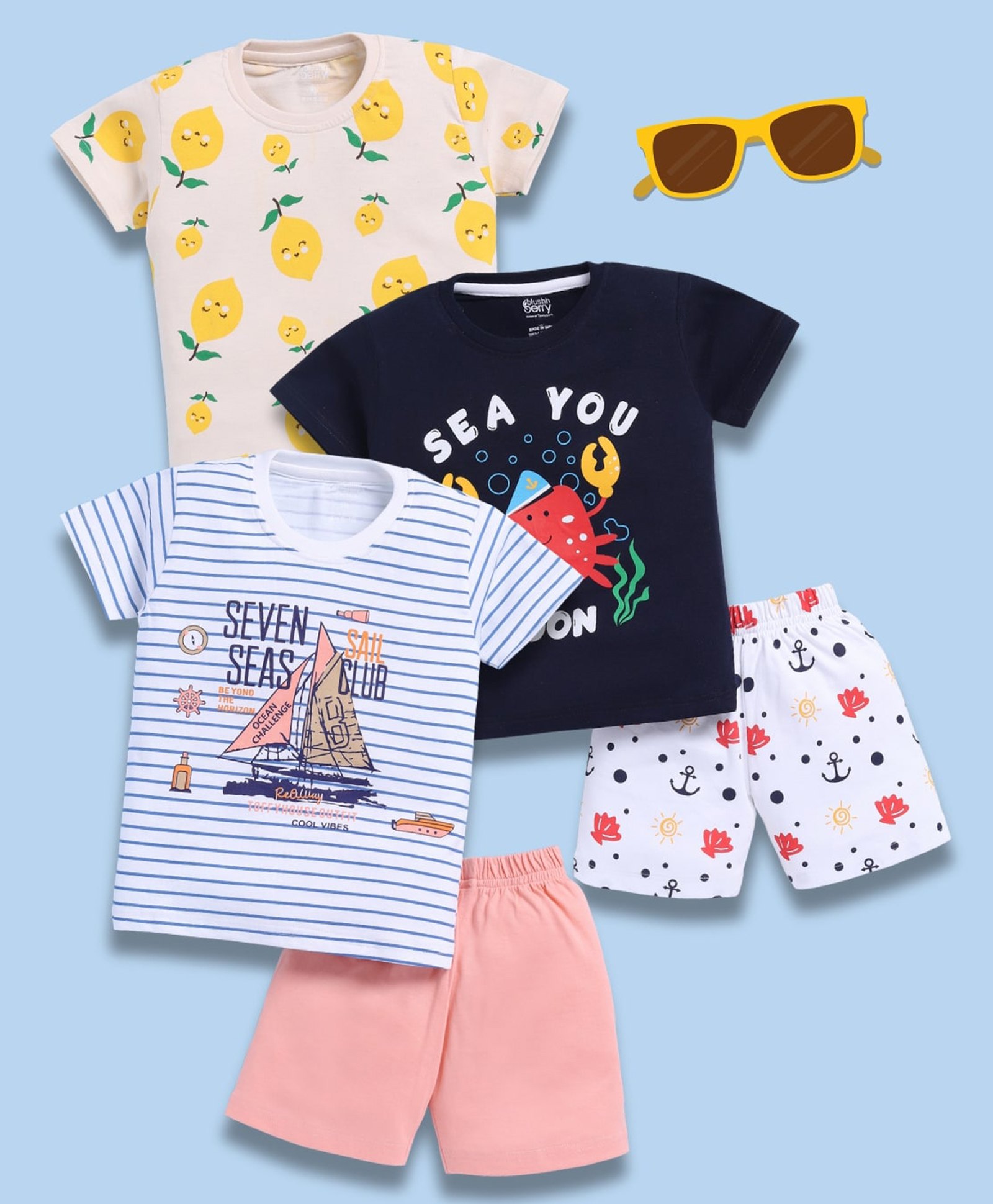 blushh berry Cotton Knit Pack Of 3 Half Sleeves Sea Life & Lemons Printed Tees & Shorts Set - Yellow Navy Blue & White