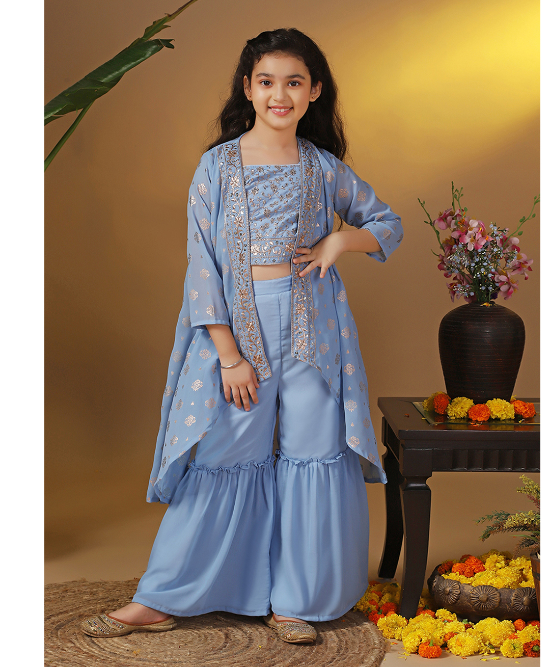 Fashion Dream Georgette Knit Floral Swirls Embroidered Sequins Embellished Crop Top & Palazzo With Three Fourth Sleeves Shrug Set - Sky Blue-image-4