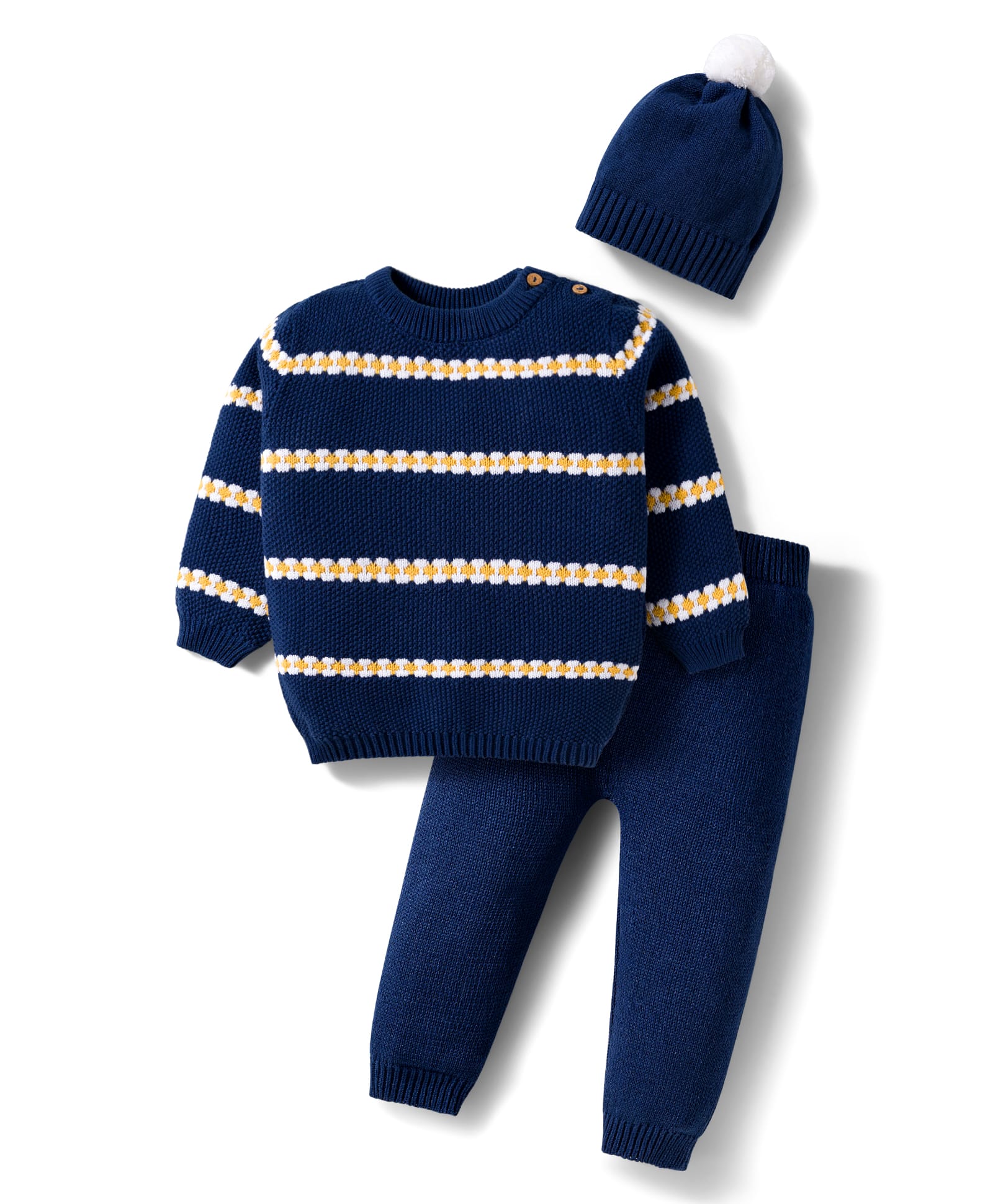 Babyhug Cotton Knitted Full Sleeves Striped Sweater Set With Cap - Navy Blue & Yellow-image-30