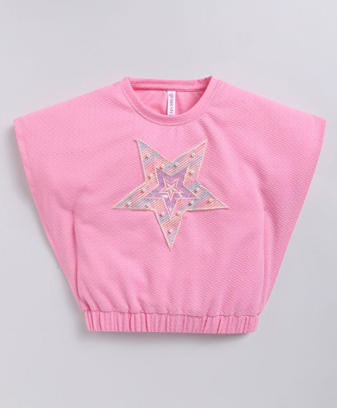 giniekids Knit Half Sleeves Pearls Embellished Star Patch Detailed Crop Top - Pink-picture-14