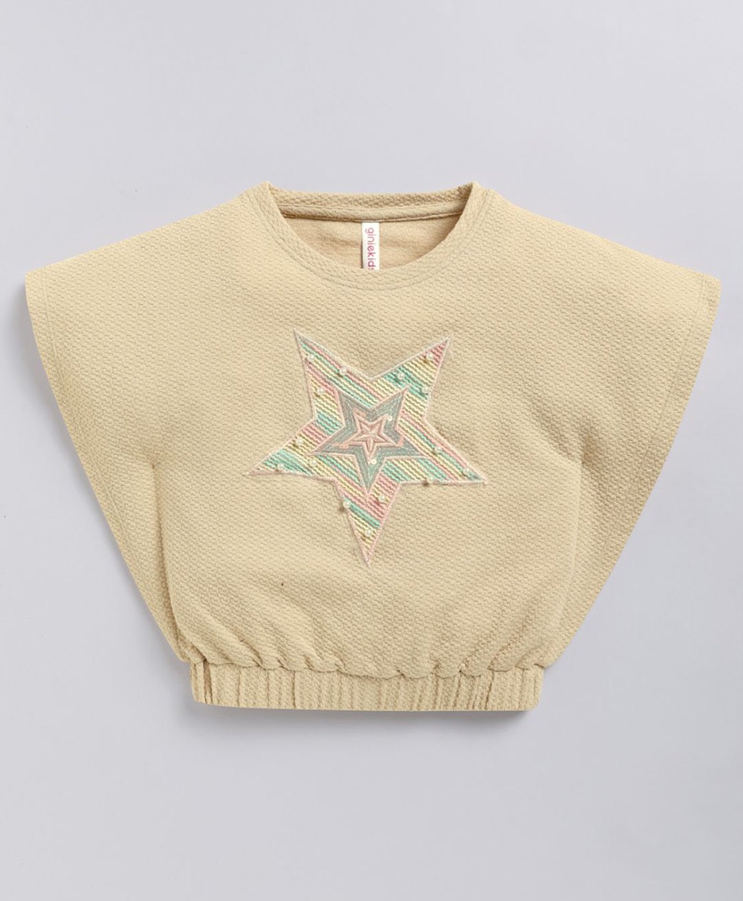 giniekids Knit Half Sleeves Pearls Embellished Star Patch Detailed Crop Top - Beige-picture-33